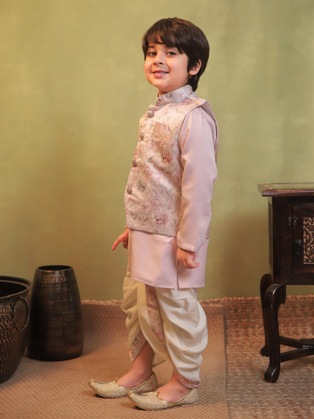Pink Cotton Full Sleeves Floral Printed Dhoti Set