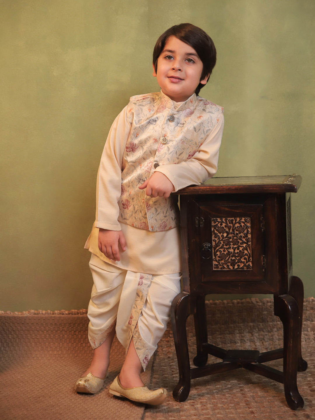 Yellow Cotton Full Sleeves Floral Printed Dhoti Set