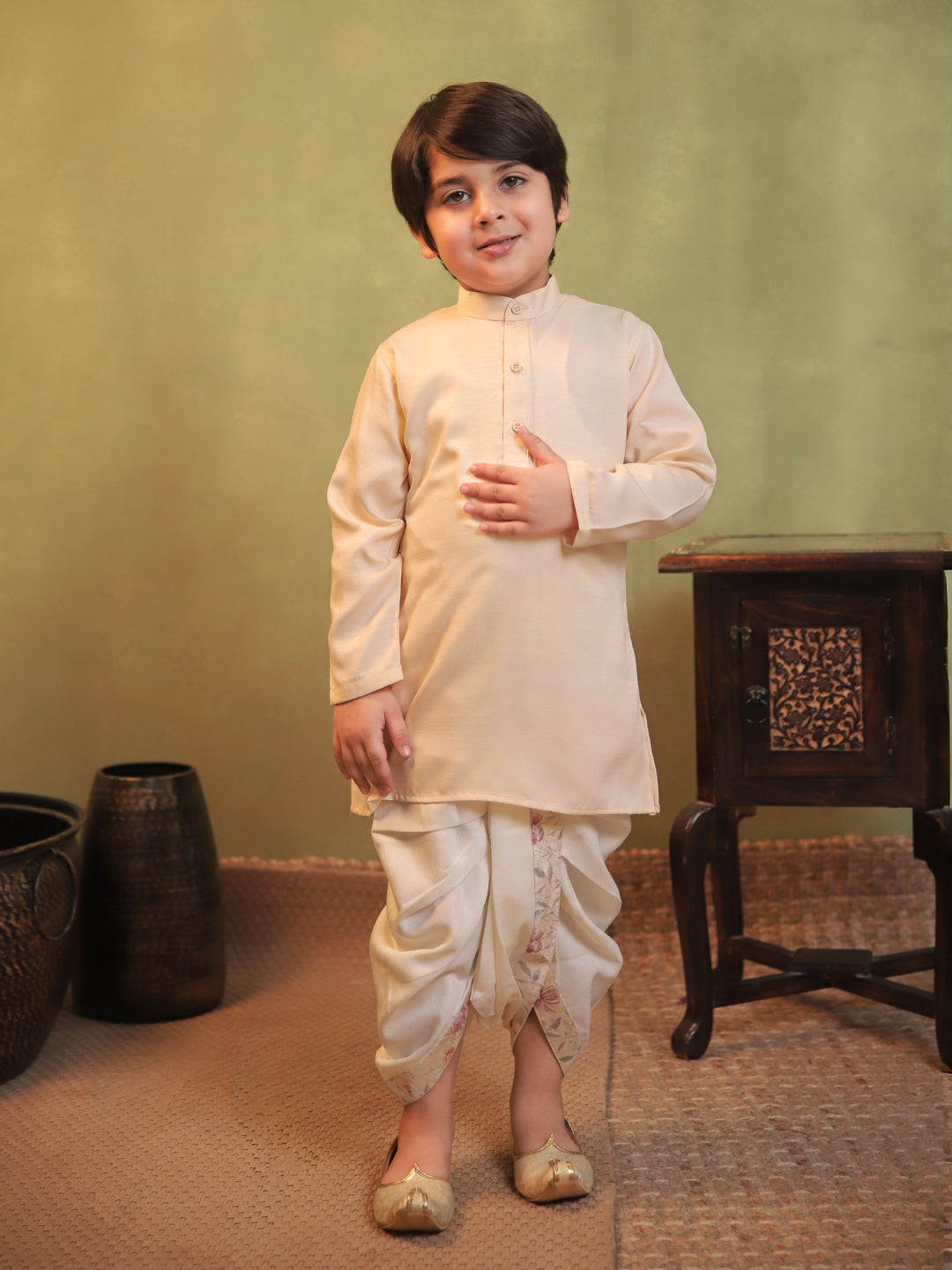 Yellow Cotton Full Sleeves Floral Printed Dhoti Set