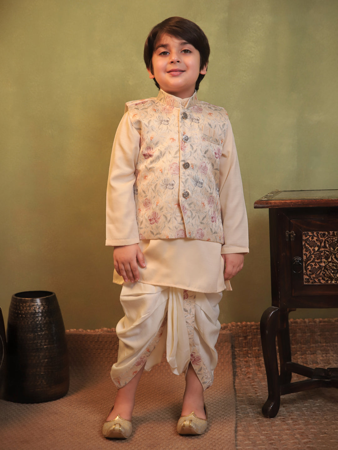 Yellow Cotton Full Sleeves Floral Printed Dhoti Set