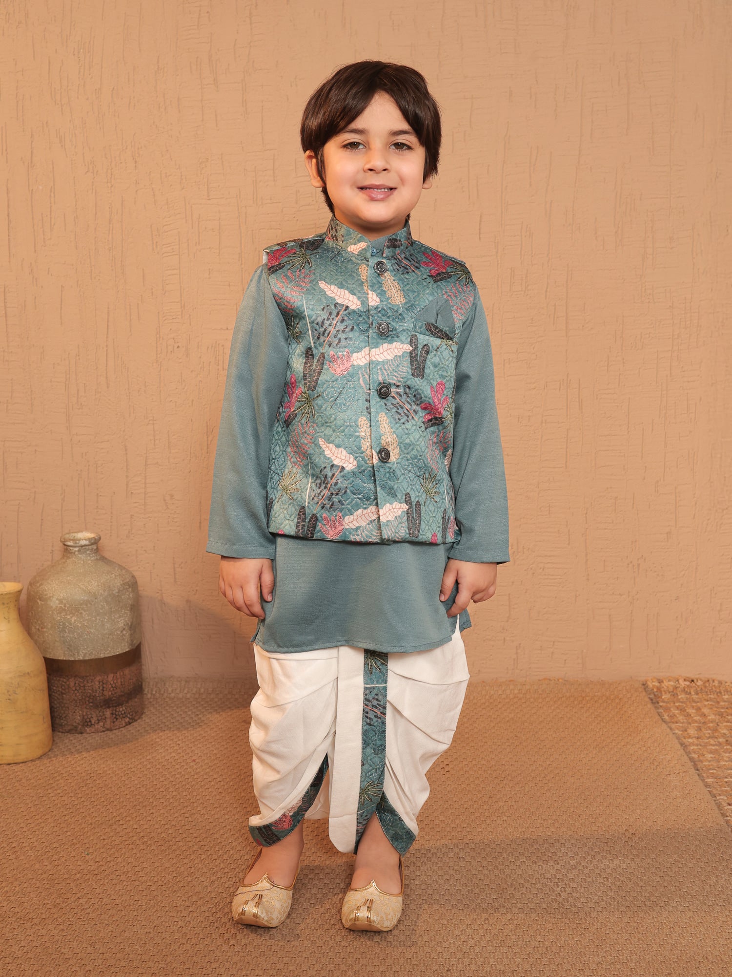 Blue Cotton Full Sleeves Floral Printed Dhoti Set