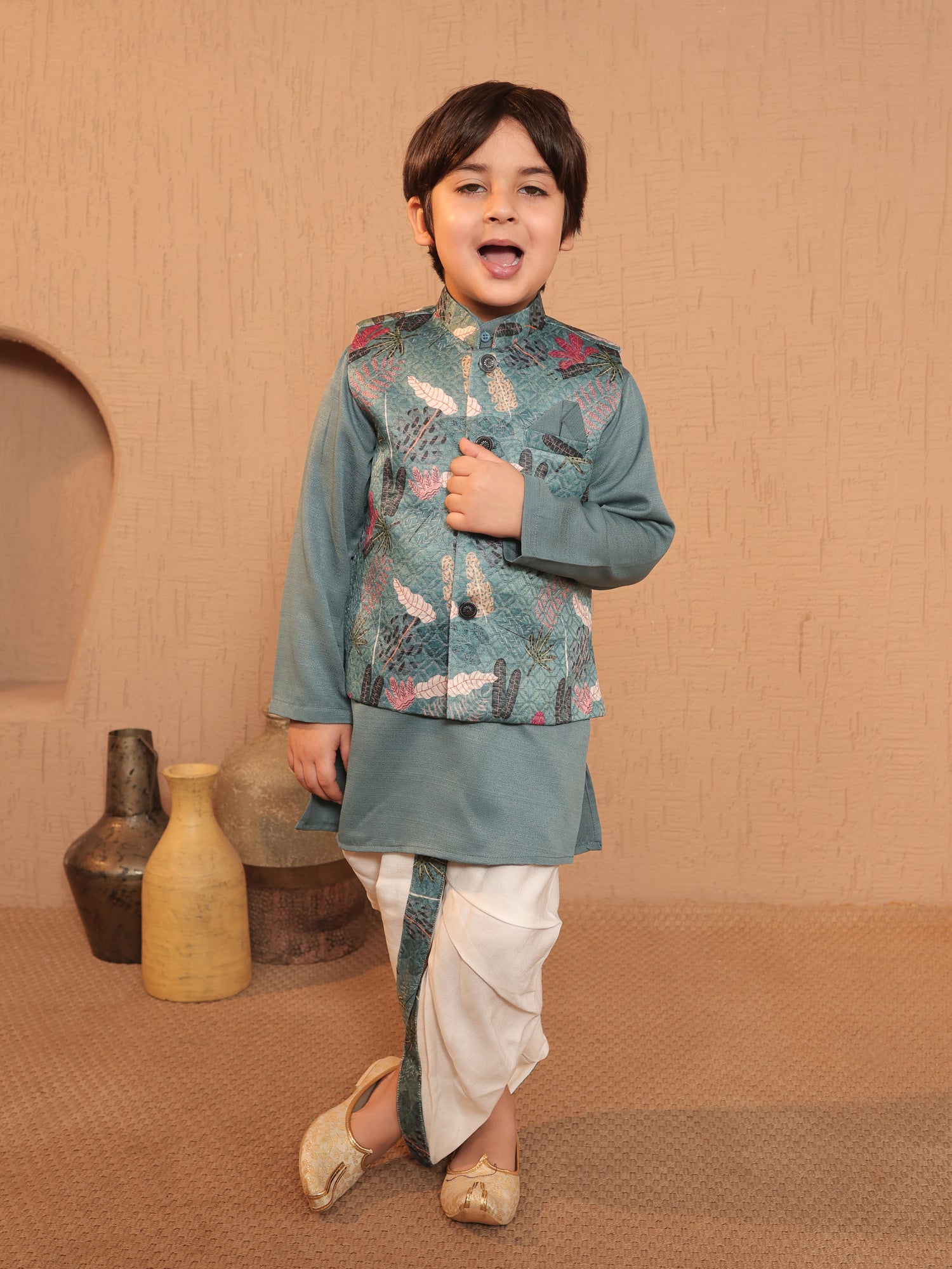 Blue Cotton Full Sleeves Floral Printed Dhoti Set