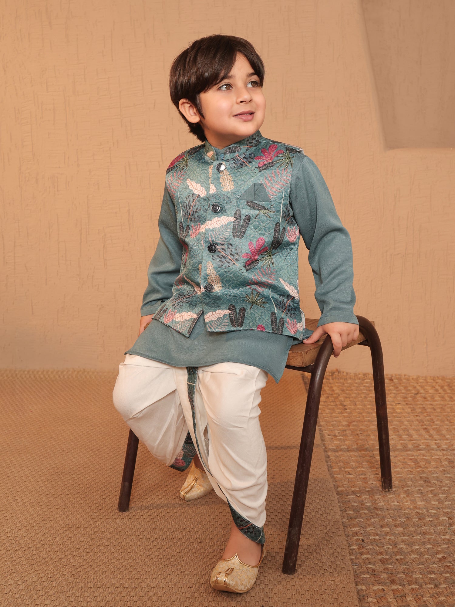 Blue Cotton Full Sleeves Floral Printed Dhoti Set