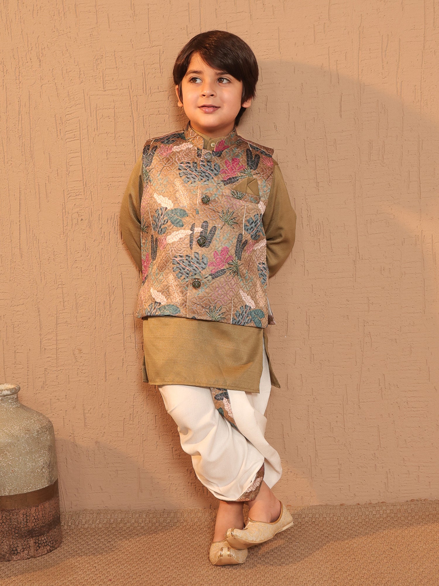 Green Cotton Full Sleeves Floral Printed Dhoti Set