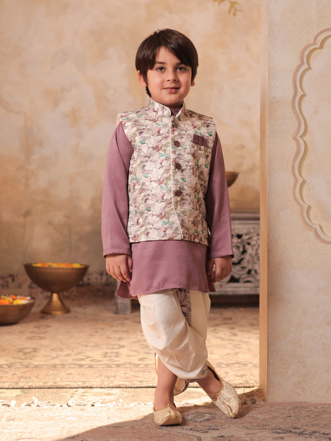 Pink Cotton Full Sleeves Floral Printed Dhoti Set