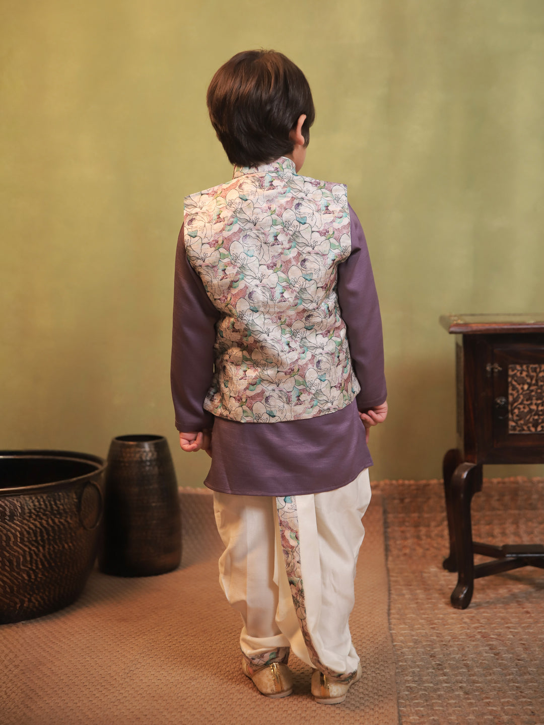 Purple Cotton Full Sleeves Floral Printed Dhoti Set