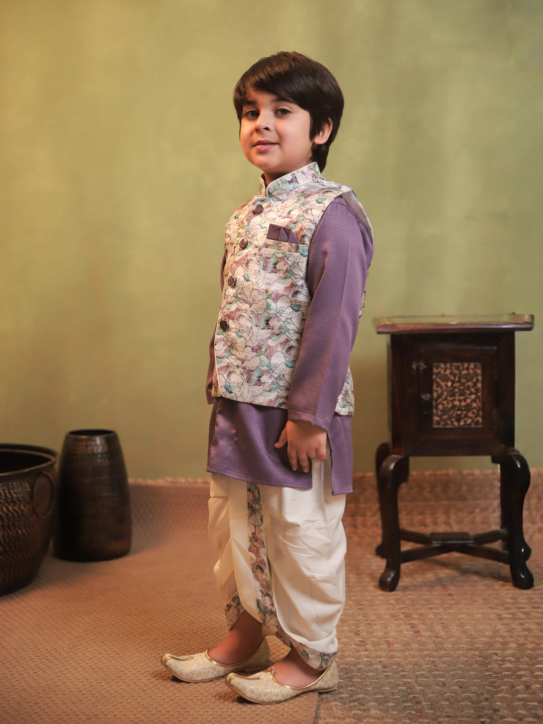 AJ Dezines Purple Cotton Full Sleeves Floral Printed Dhoti Set