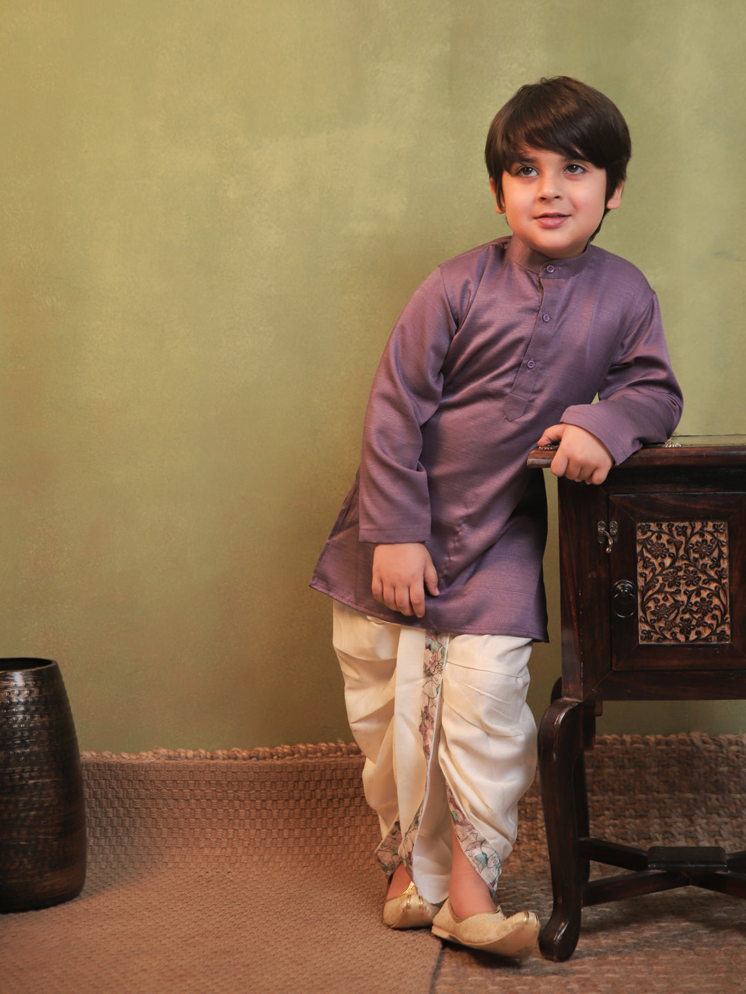 Purple Cotton Full Sleeves Floral Printed Dhoti Set