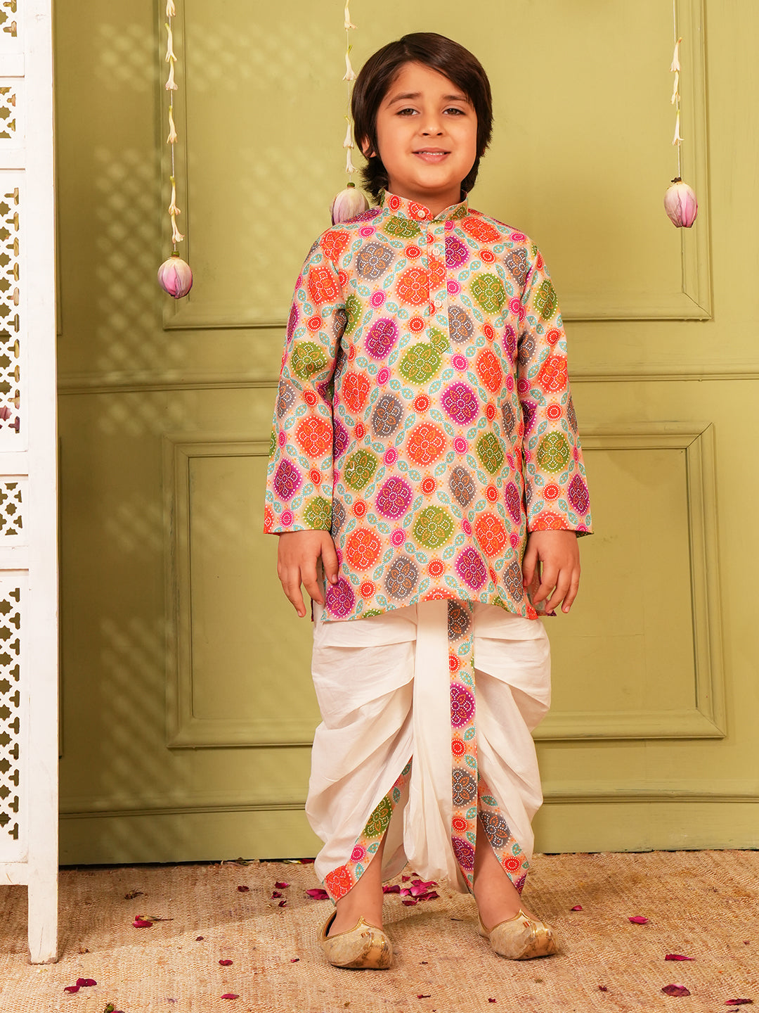 Multi Bandhani Print Pure Cotton Kurta and Pyjama For Boys