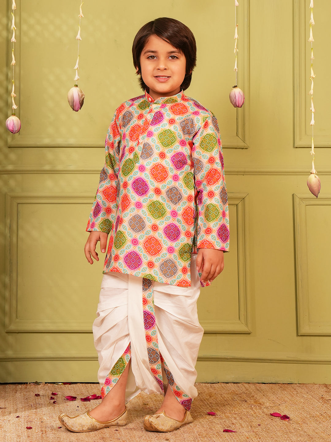Multi Bandhani Print Pure Cotton Kurta and Pyjama For Boys
