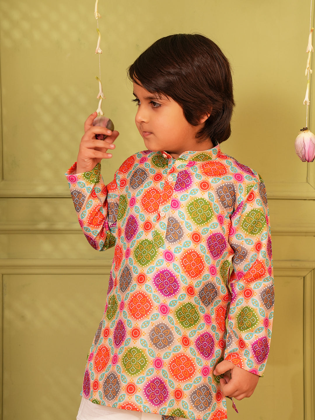 Multi Bandhani Print Pure Cotton Kurta and Pyjama For Boys