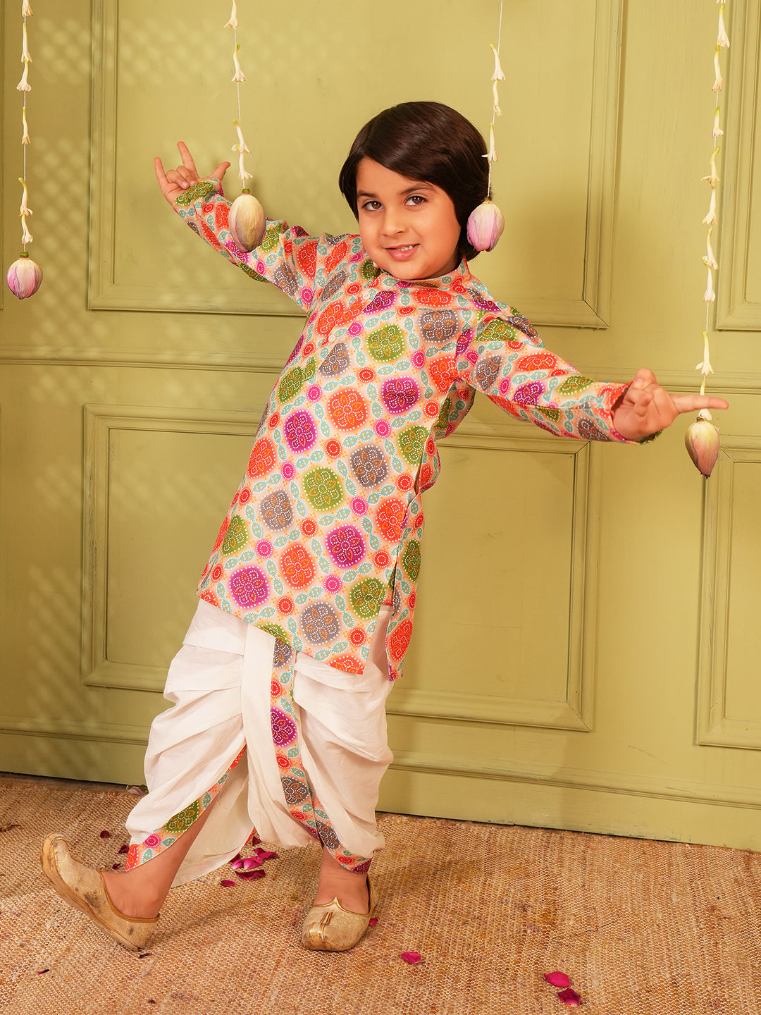 Multi Bandhani Print Pure Cotton Kurta and Pyjama For Boys