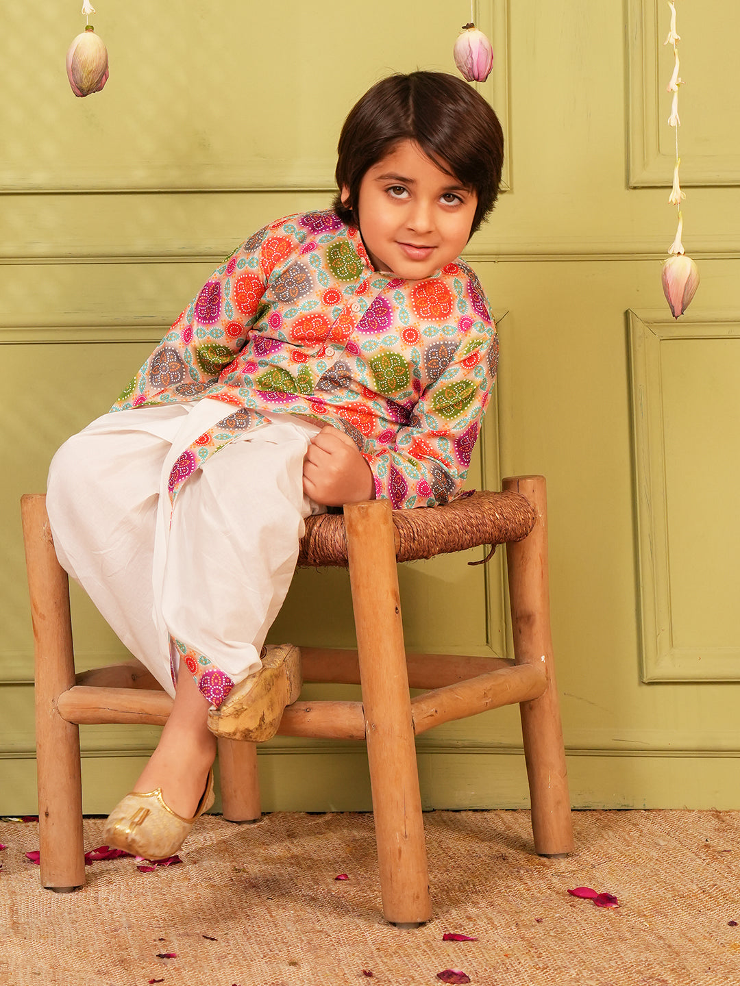 Multi Bandhani Print Pure Cotton Kurta and Pyjama For Boys