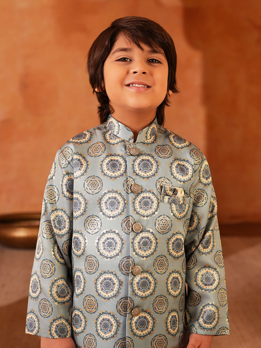 Blue Rich Print Silk Blend Dhoti Set For Boys