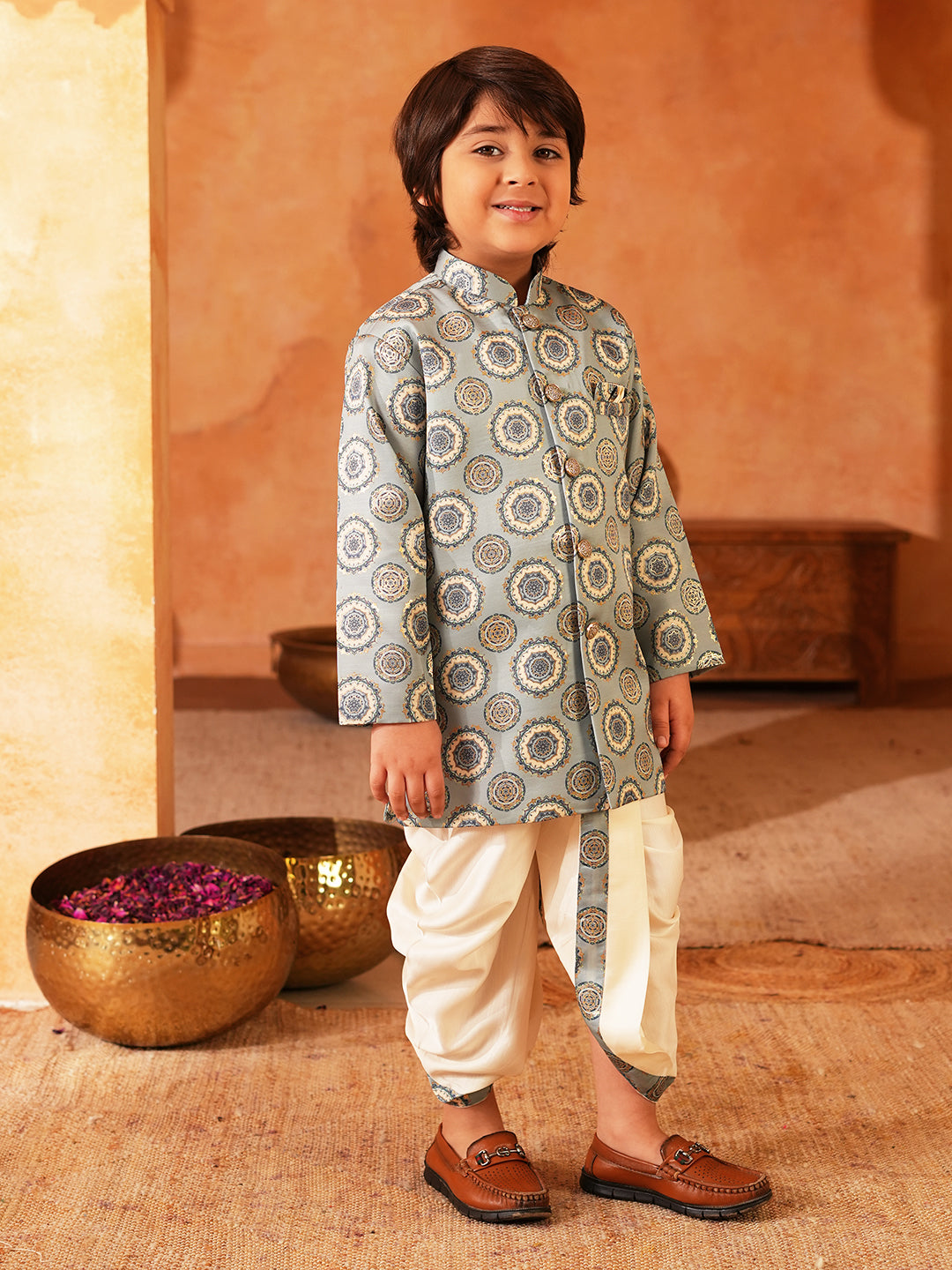 Blue Rich Print Silk Blend Dhoti Set For Boys