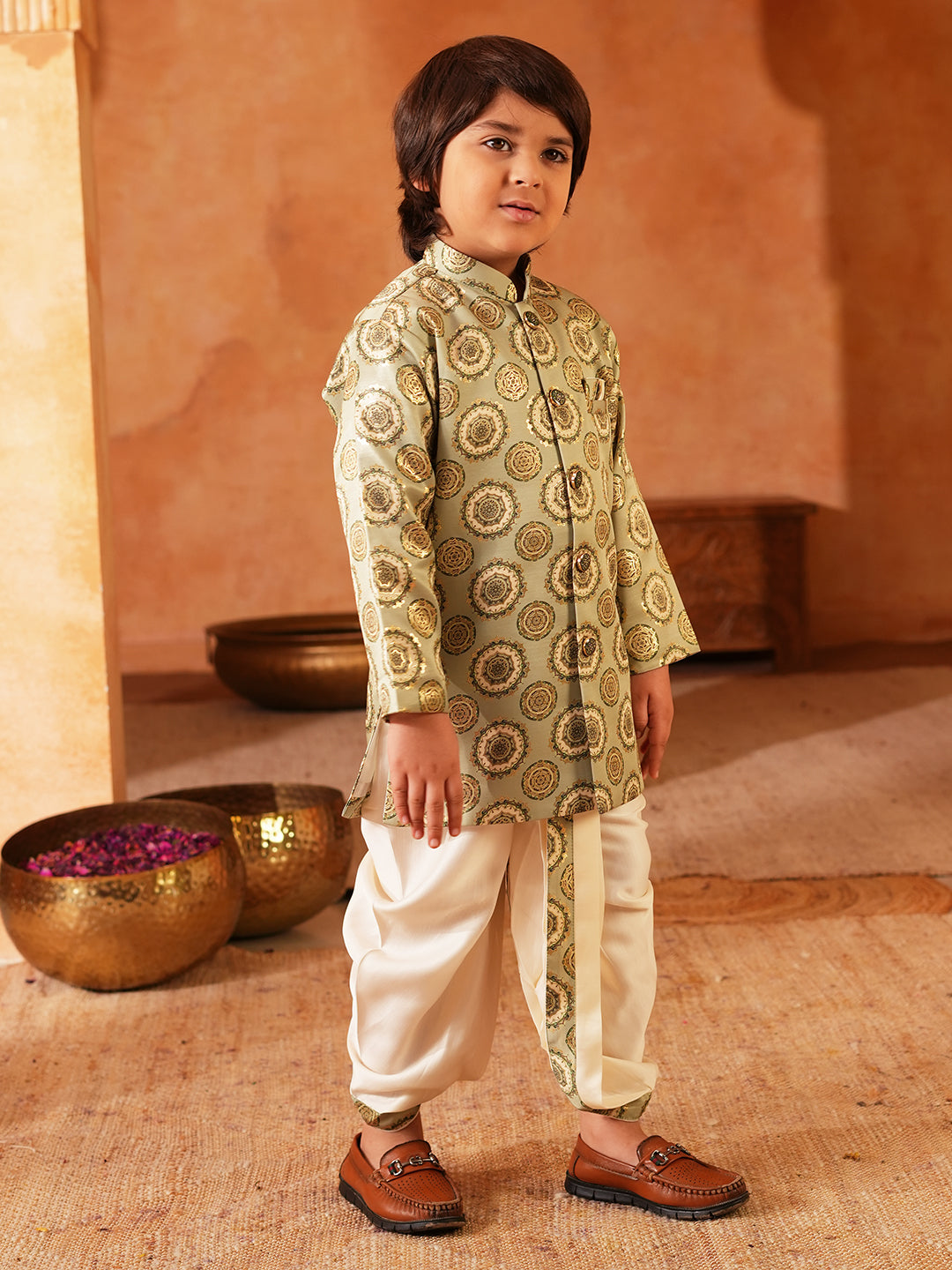 Green Rich Print Silk Blend Dhoti Set For Boys