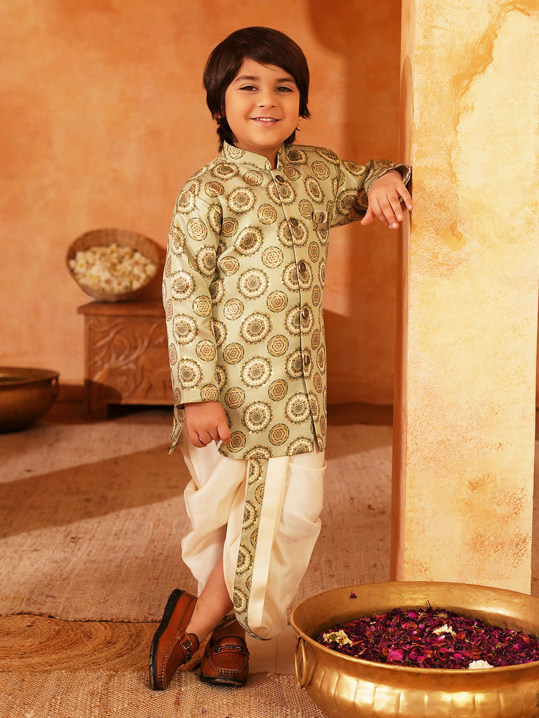 Green Rich Print Silk Blend Dhoti Set For Boys