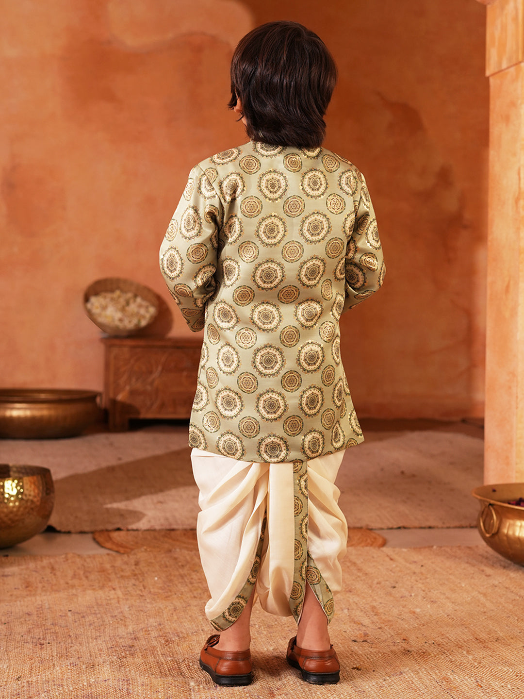 Green Rich Print Silk Blend Dhoti Set For Boys