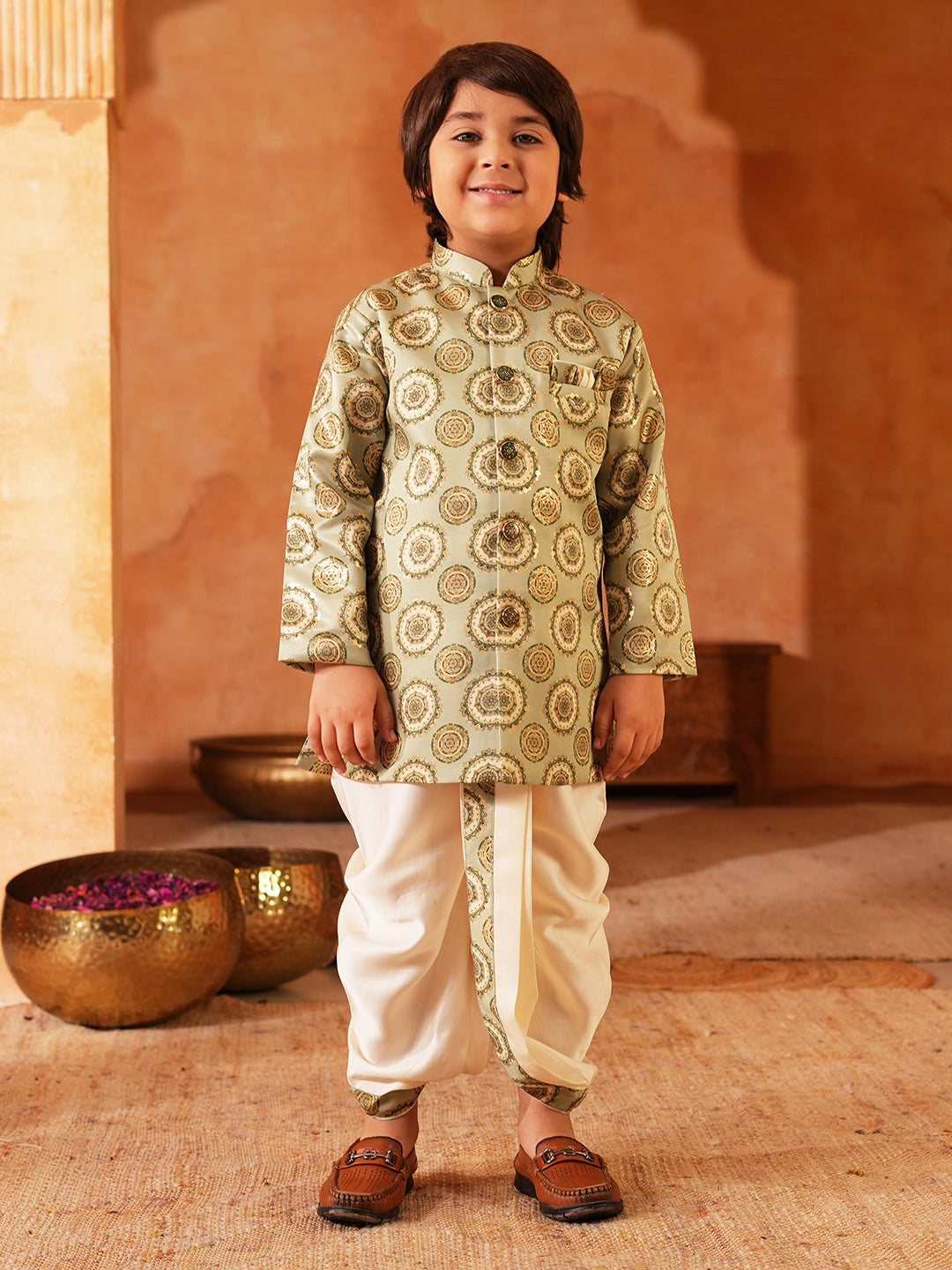Green Rich Print Silk Blend Dhoti Set For Boys