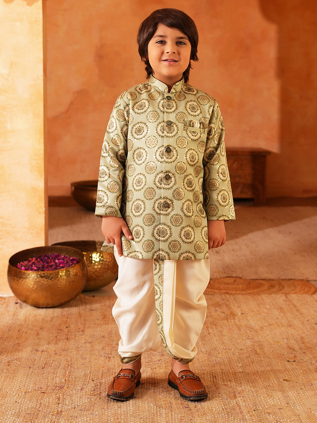 Green Rich Print Silk Blend Dhoti Set For Boys