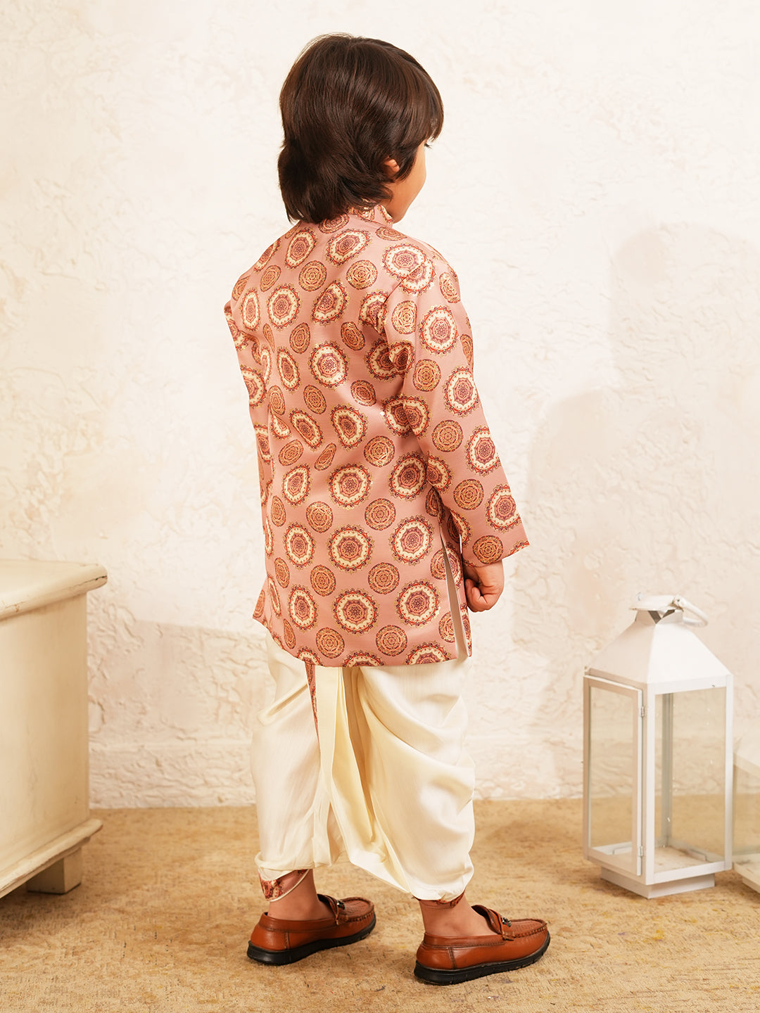 Peach Rich Print Silk Blend Dhoti Set For Boys