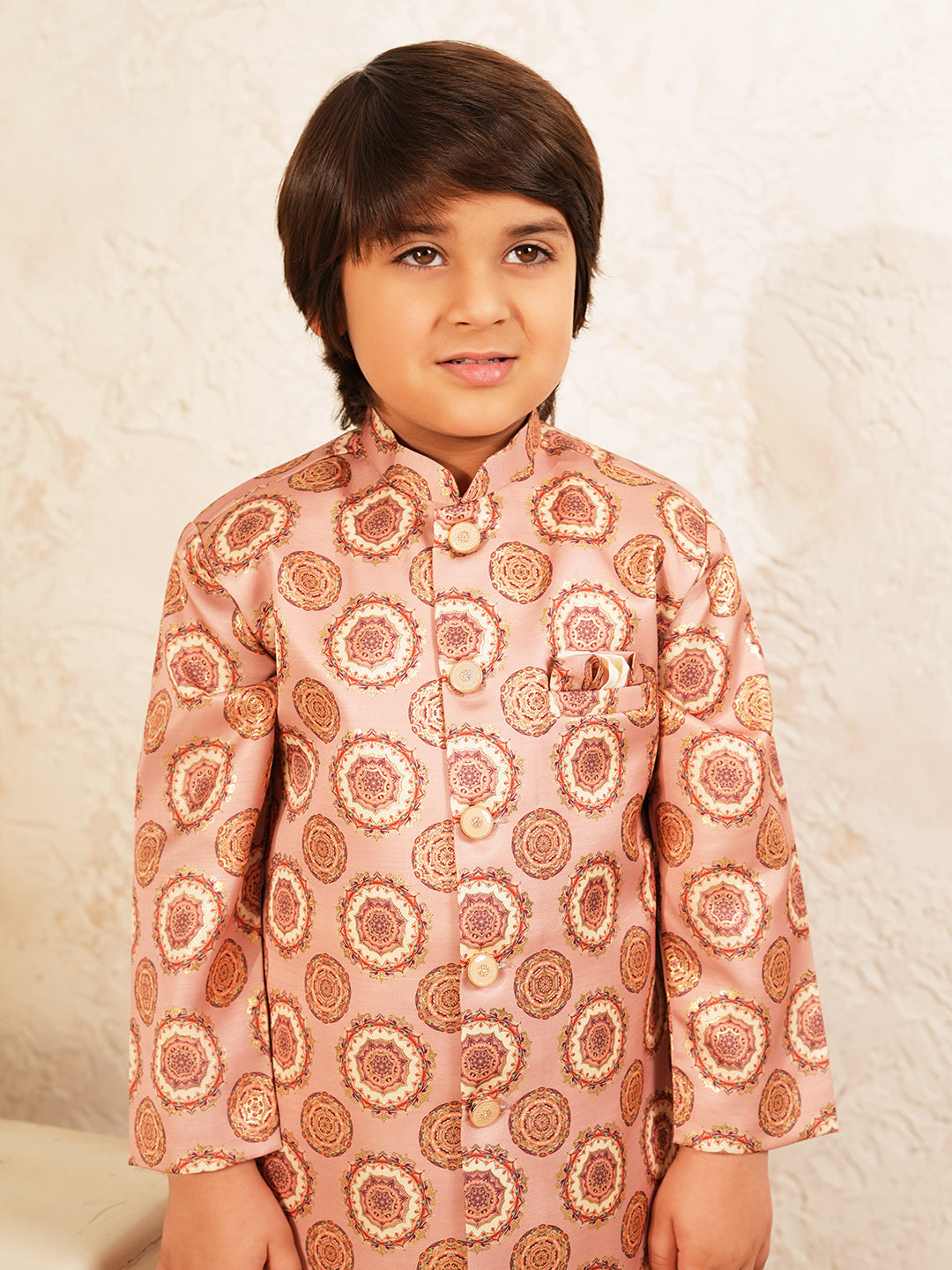 Peach Rich Print Silk Blend Dhoti Set For Boys