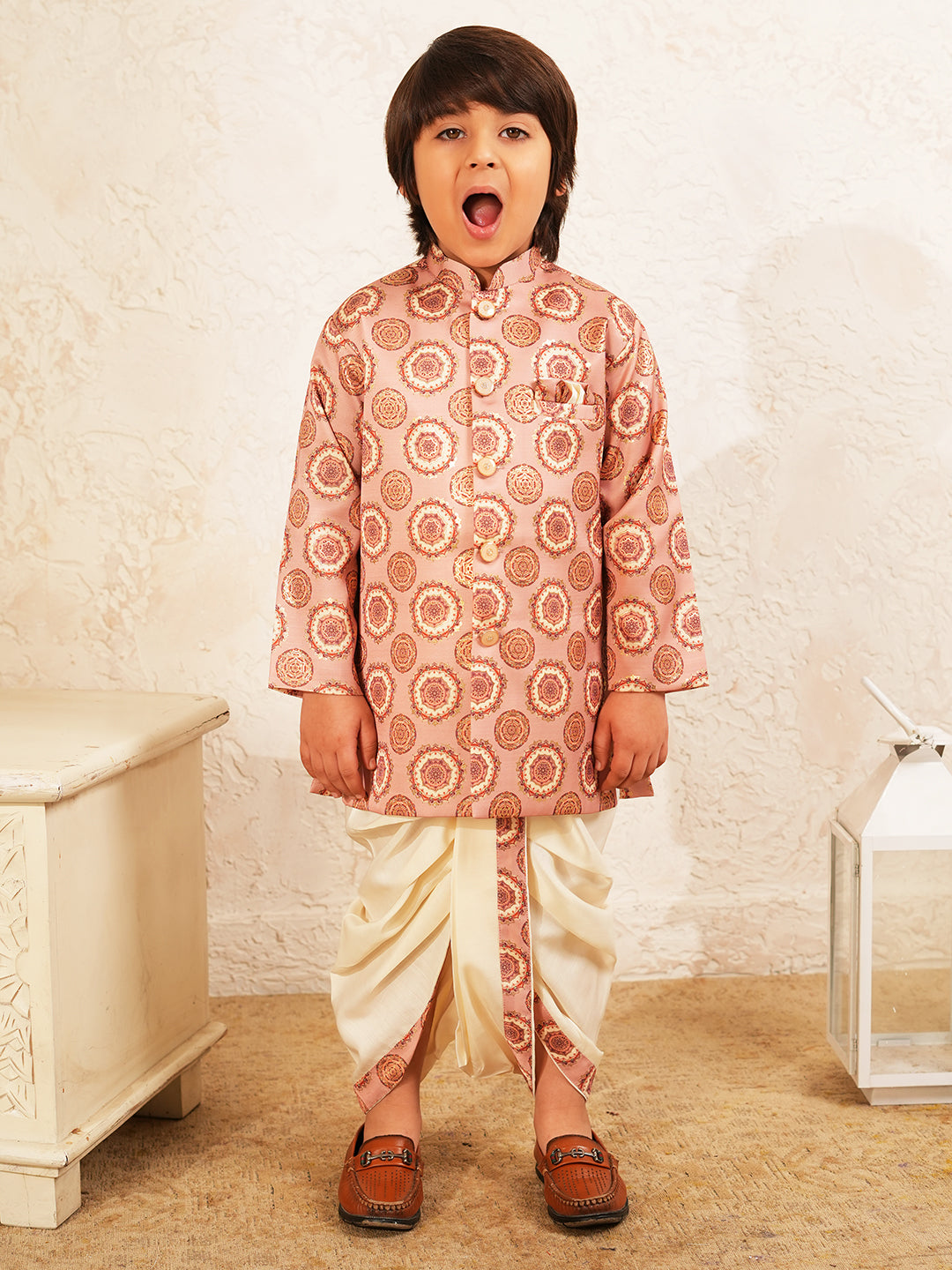 Peach Rich Print Silk Blend Dhoti Set For Boys