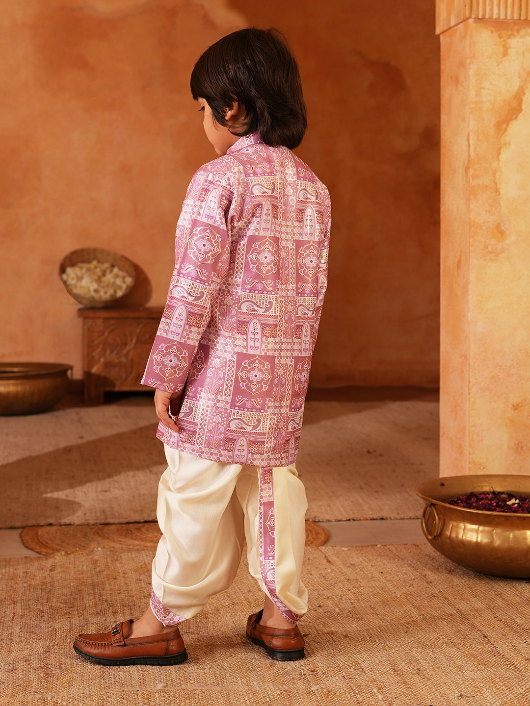 Pink Rich Print Silk Blend Dhoti Set For Boys