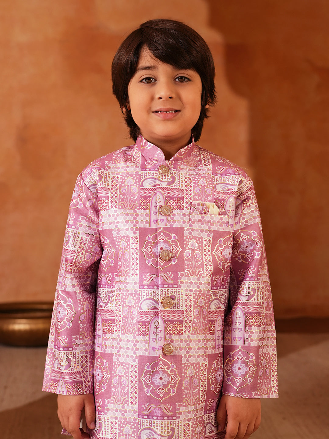 Pink Rich Print Silk Blend Dhoti Set For Boys