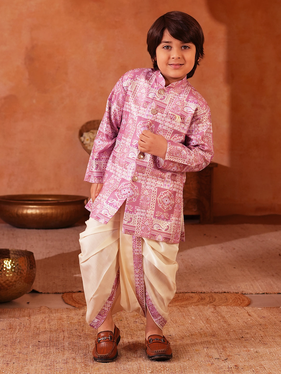 Pink Rich Print Silk Blend Dhoti Set For Boys