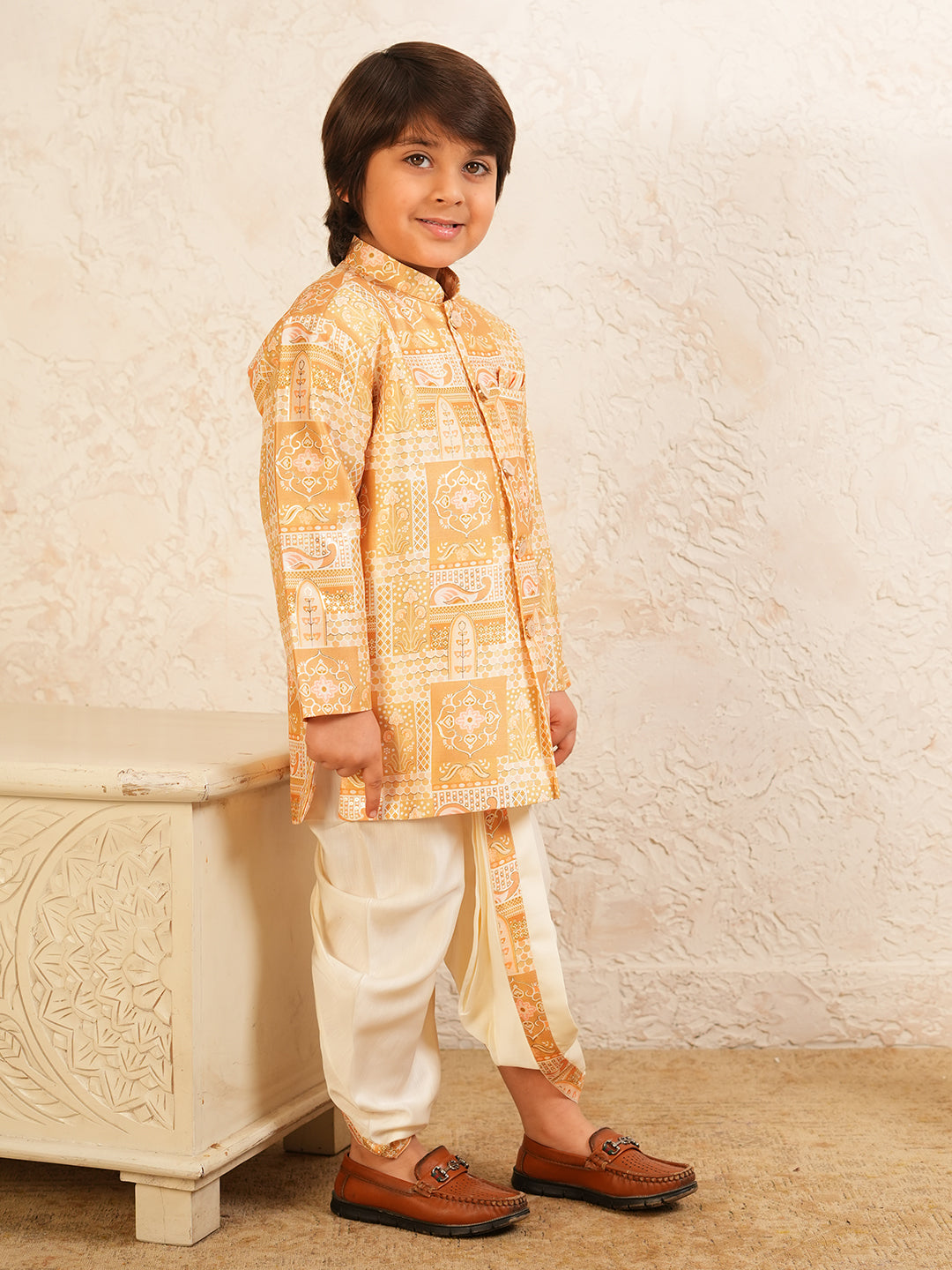 Yellow Rich Print Silk Blend Dhoti Set For Boys