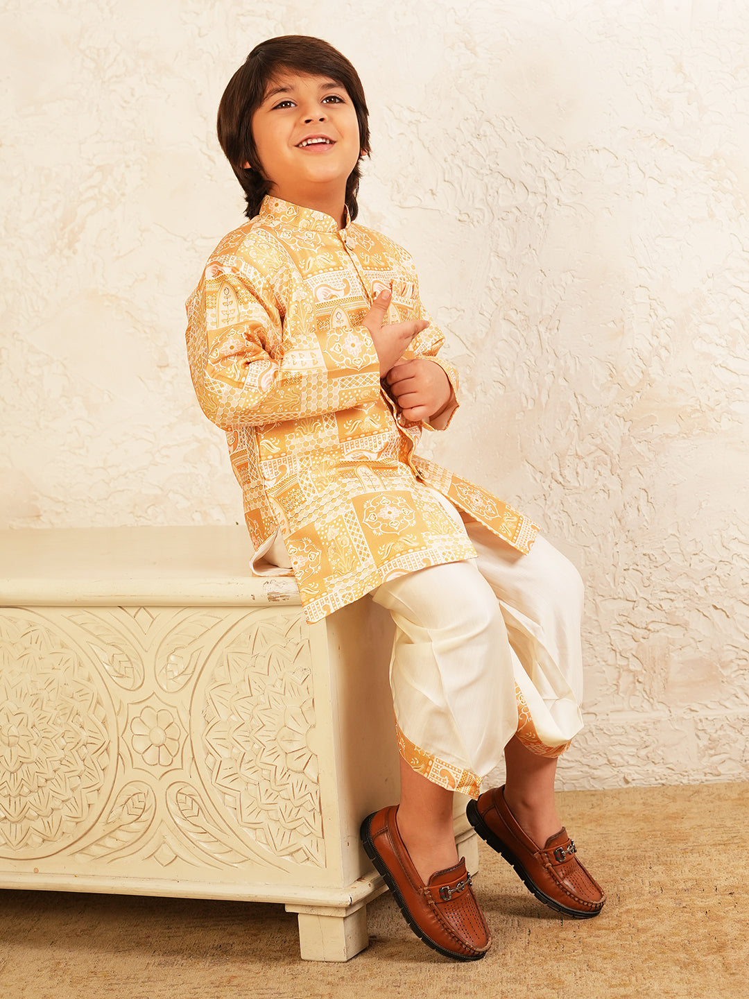 Yellow Rich Print Silk Blend Dhoti Set For Boys