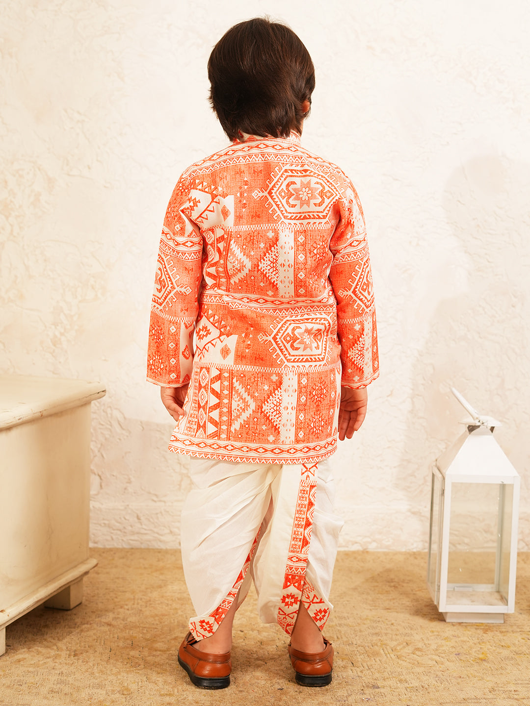 AJ Dezines Orange Rich Print Silk Blend Kurta With Dhoti Set For Boys