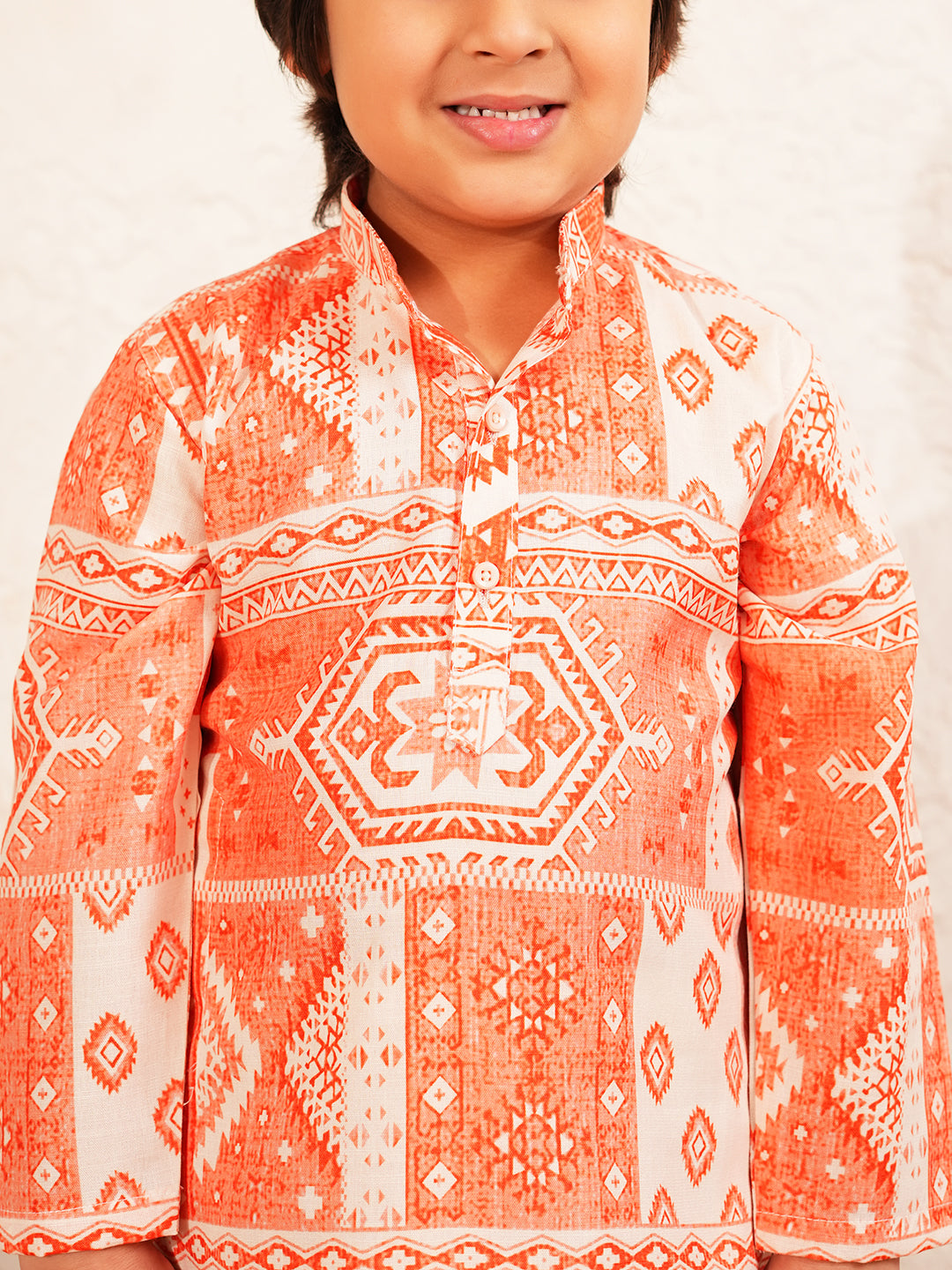AJ Dezines Orange Rich Print Silk Blend Kurta With Dhoti Set For Boys