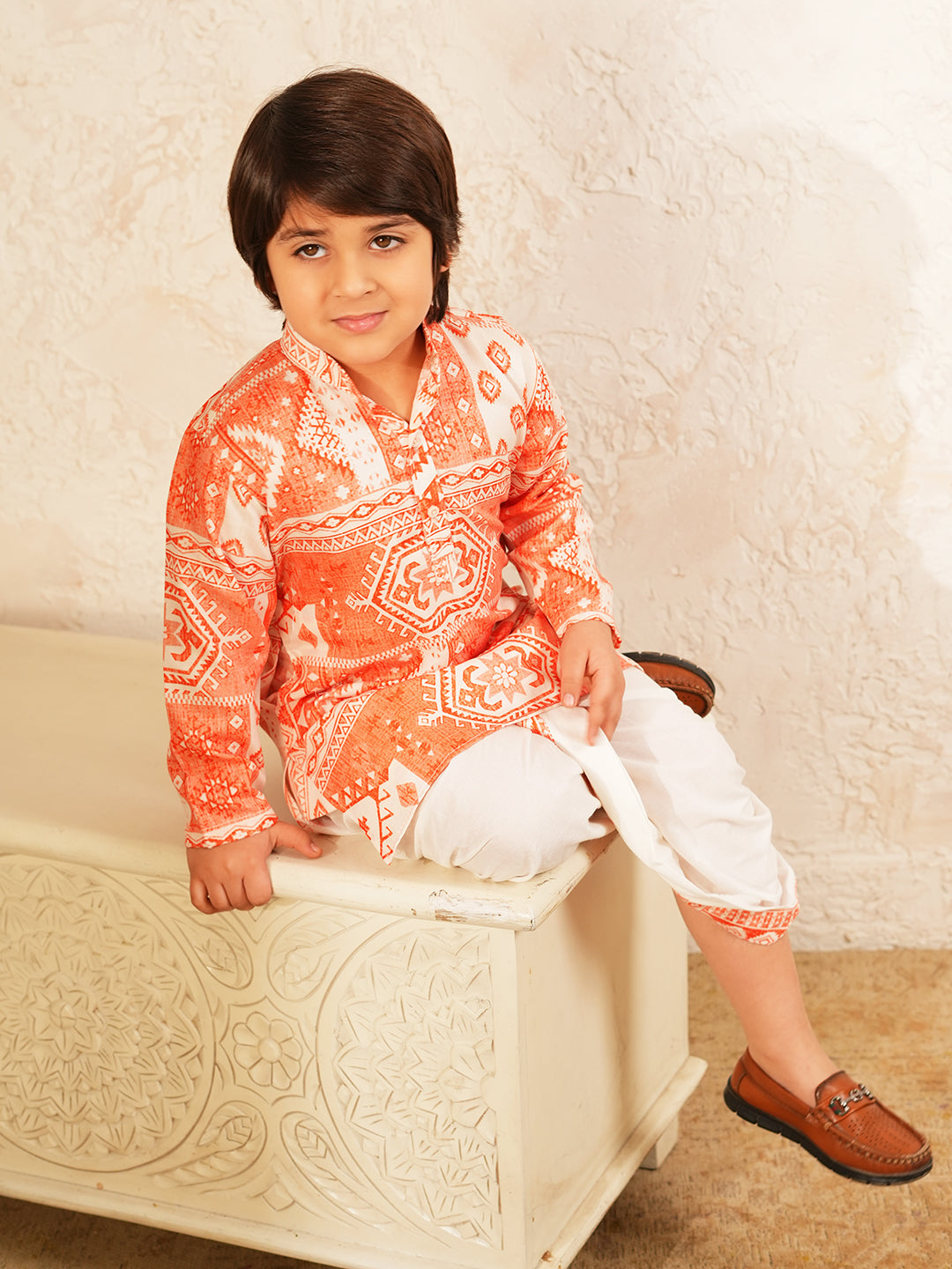 AJ Dezines Orange Rich Print Silk Blend Kurta With Dhoti Set For Boys