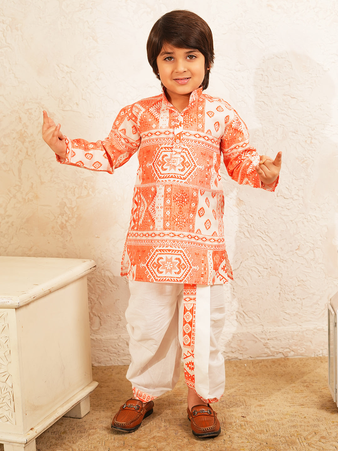 AJ Dezines Orange Rich Print Silk Blend Kurta With Dhoti Set For Boys