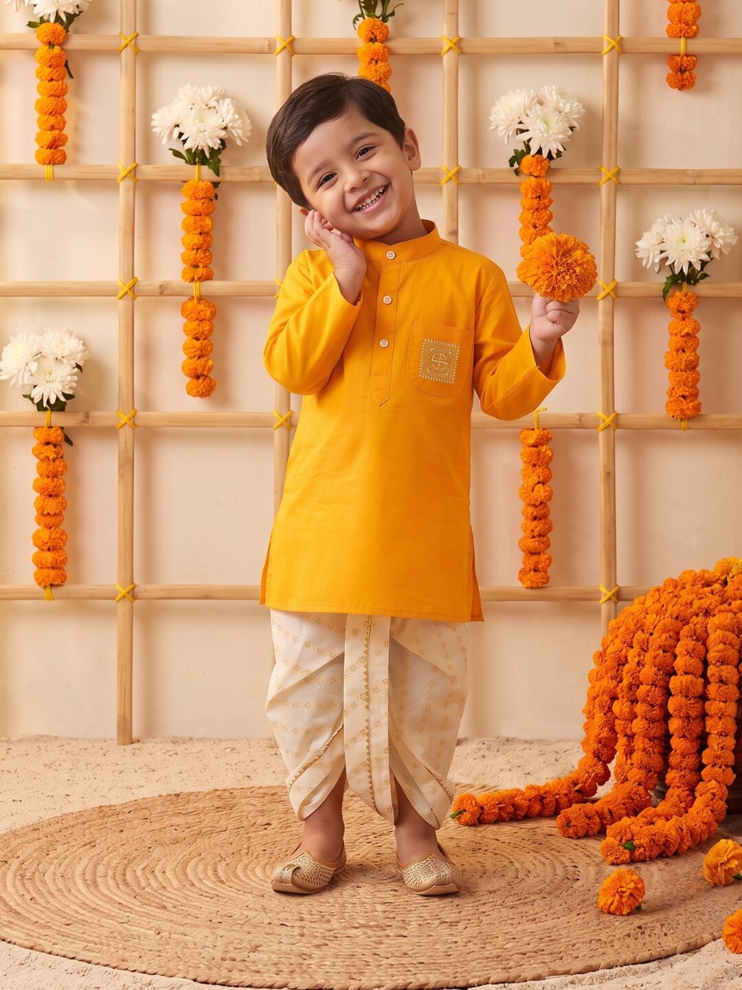 AJ Dezines Mustard Pocket Embroidery Pure Cotton Dhoti Set For Boys