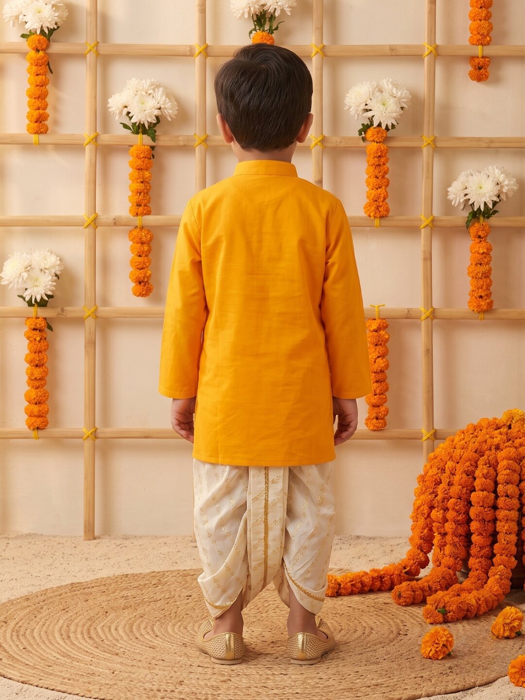 AJ Dezines Mustard Pocket Embroidery Pure Cotton Dhoti Set For Boys