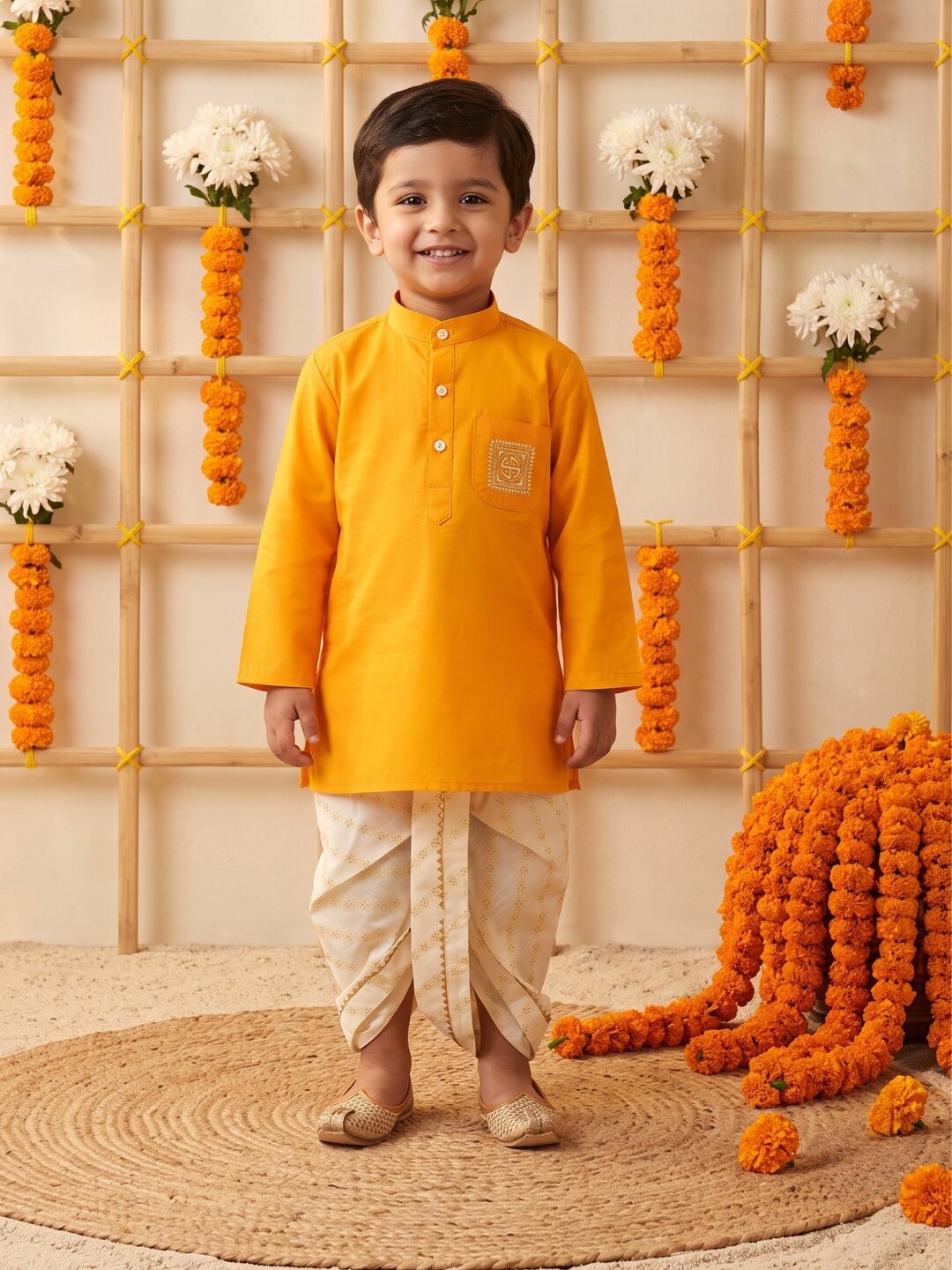 AJ Dezines Mustard Pocket Embroidery Pure Cotton Dhoti Set For Boys
