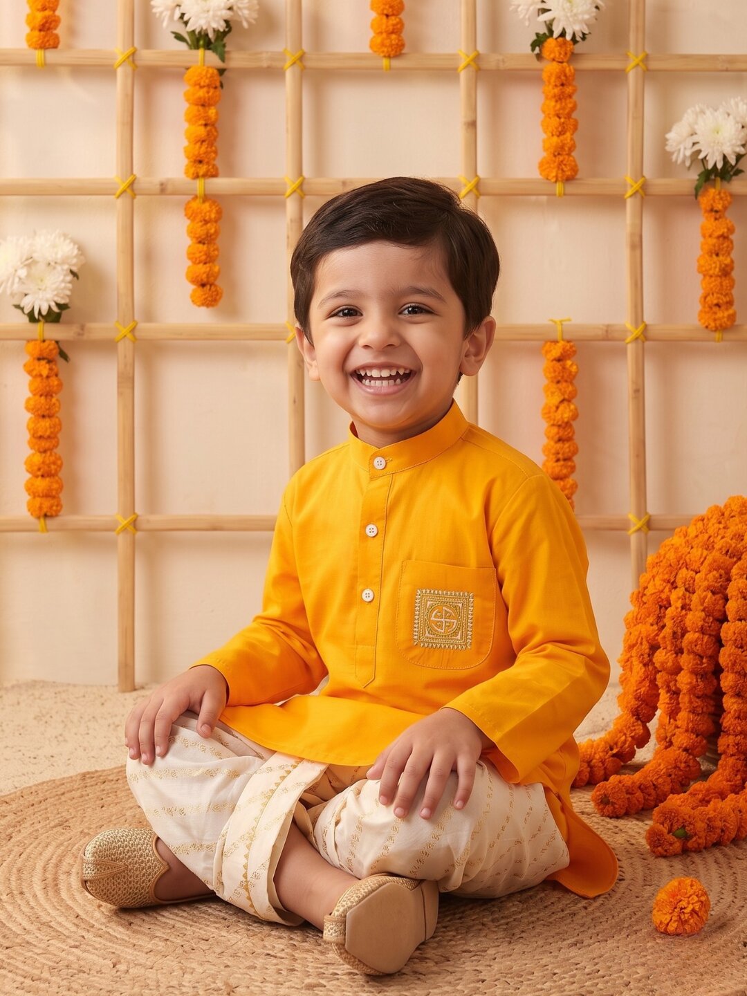 AJ Dezines Mustard Pocket Embroidery Pure Cotton Dhoti Set For Boys