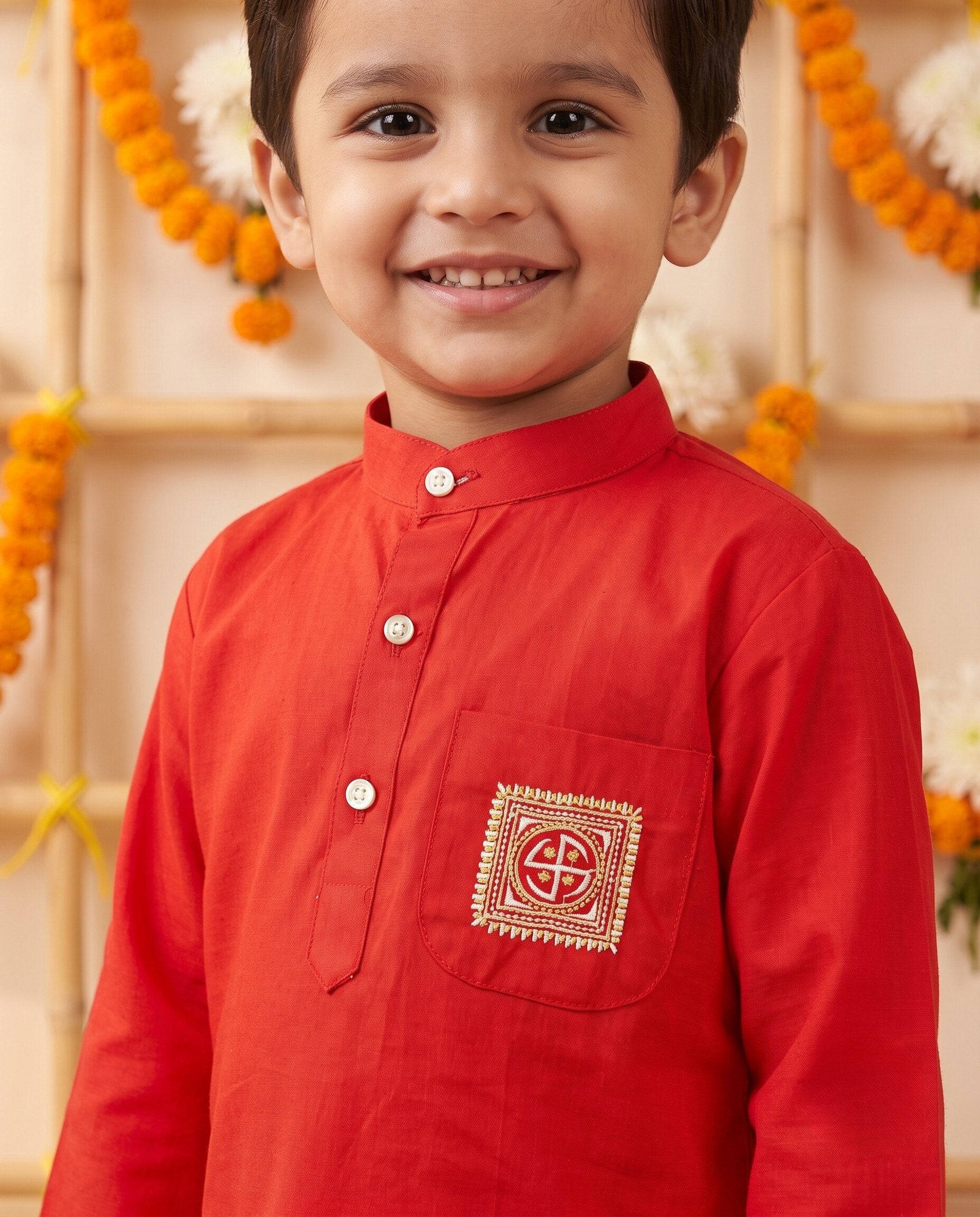 AJ Dezines Red Pocket Embroidery Pure Cotton Dhoti Set For Boys