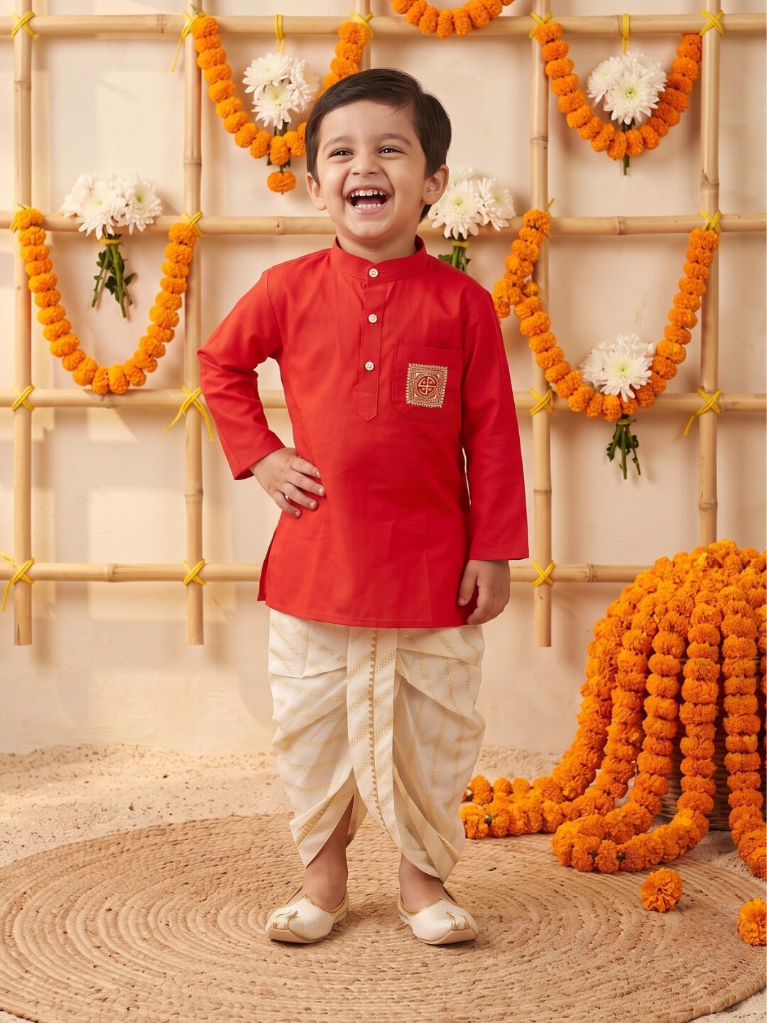 AJ Dezines Red Pocket Embroidery Pure Cotton Dhoti Set For Boys