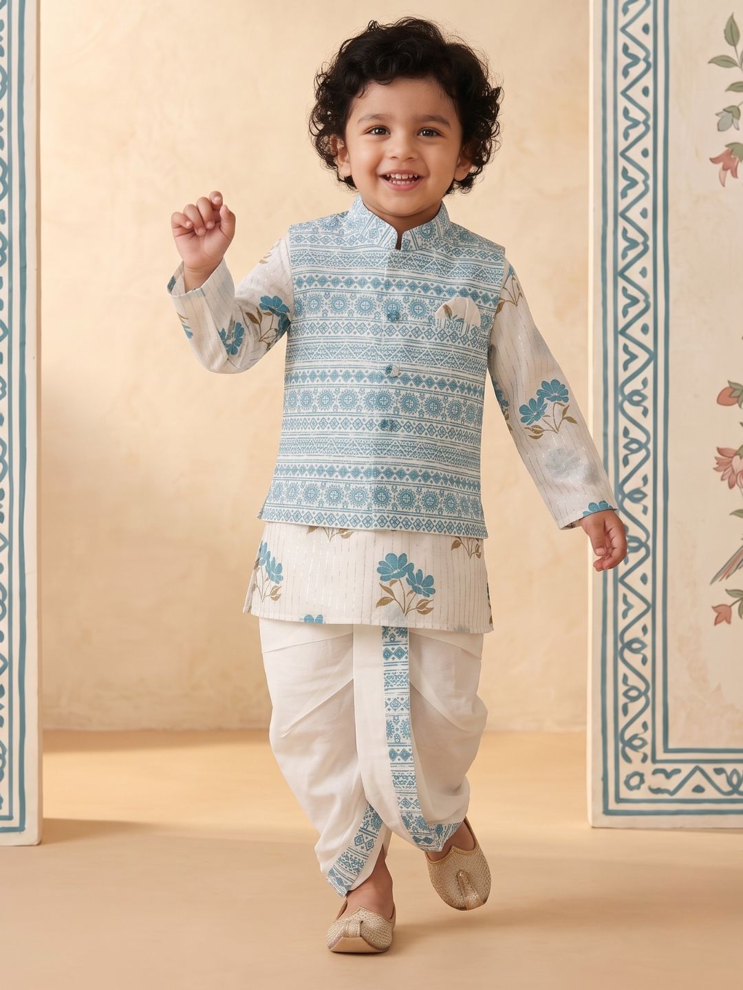 AJ Dezines Blue Ethnic Floral Pure Cotton Dhoti Set For Boy's