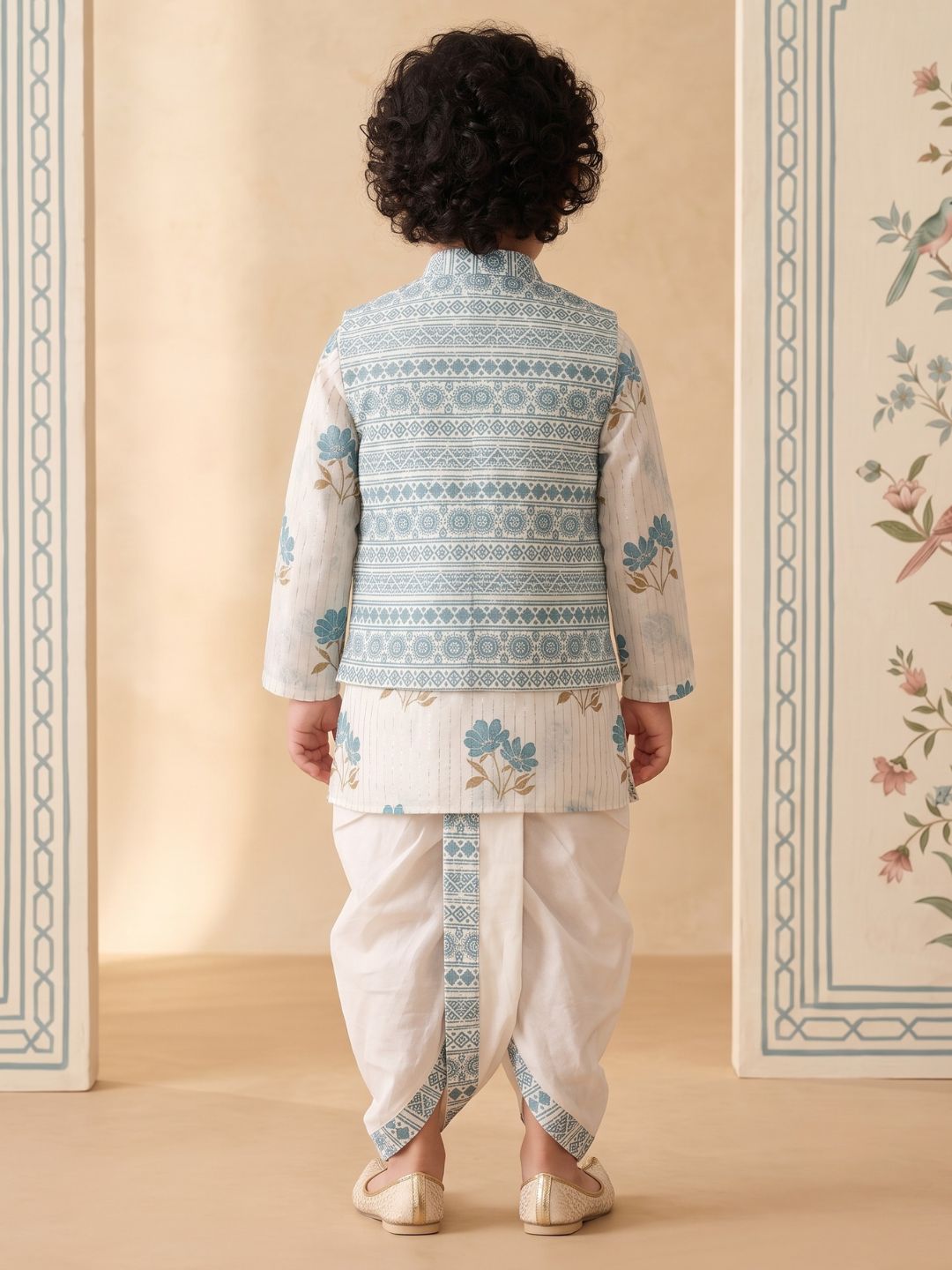 AJ Dezines Blue Ethnic Floral Pure Cotton Dhoti Set For Boy's