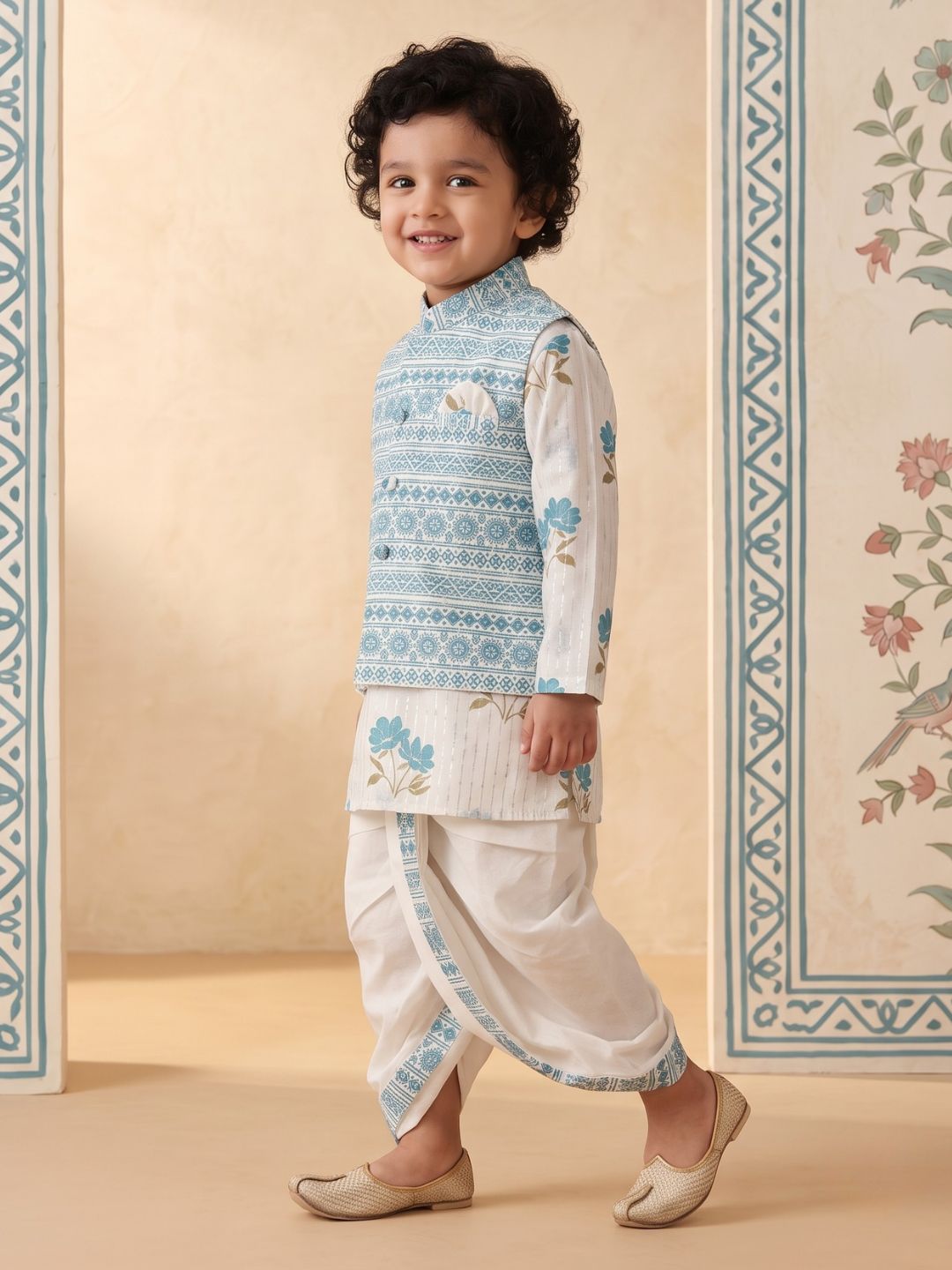 AJ Dezines Blue Ethnic Floral Pure Cotton Dhoti Set For Boy's