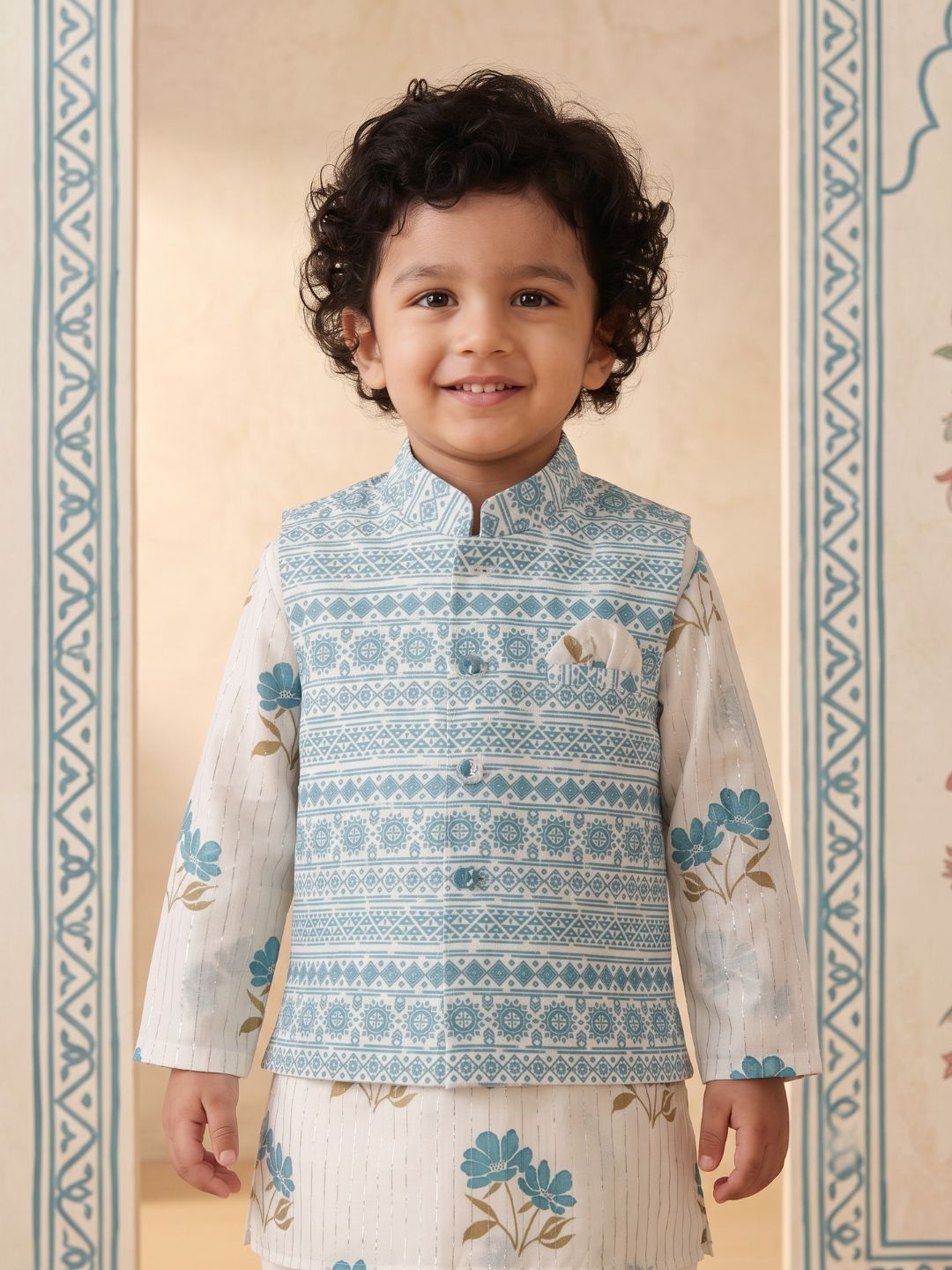AJ Dezines Blue Ethnic Floral Pure Cotton Dhoti Set For Boy's