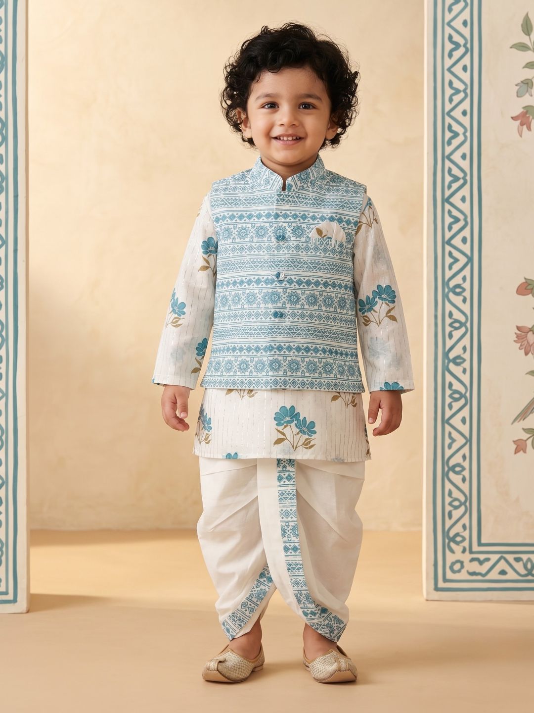 AJ Dezines Blue Ethnic Floral Pure Cotton Dhoti Set For Boy's