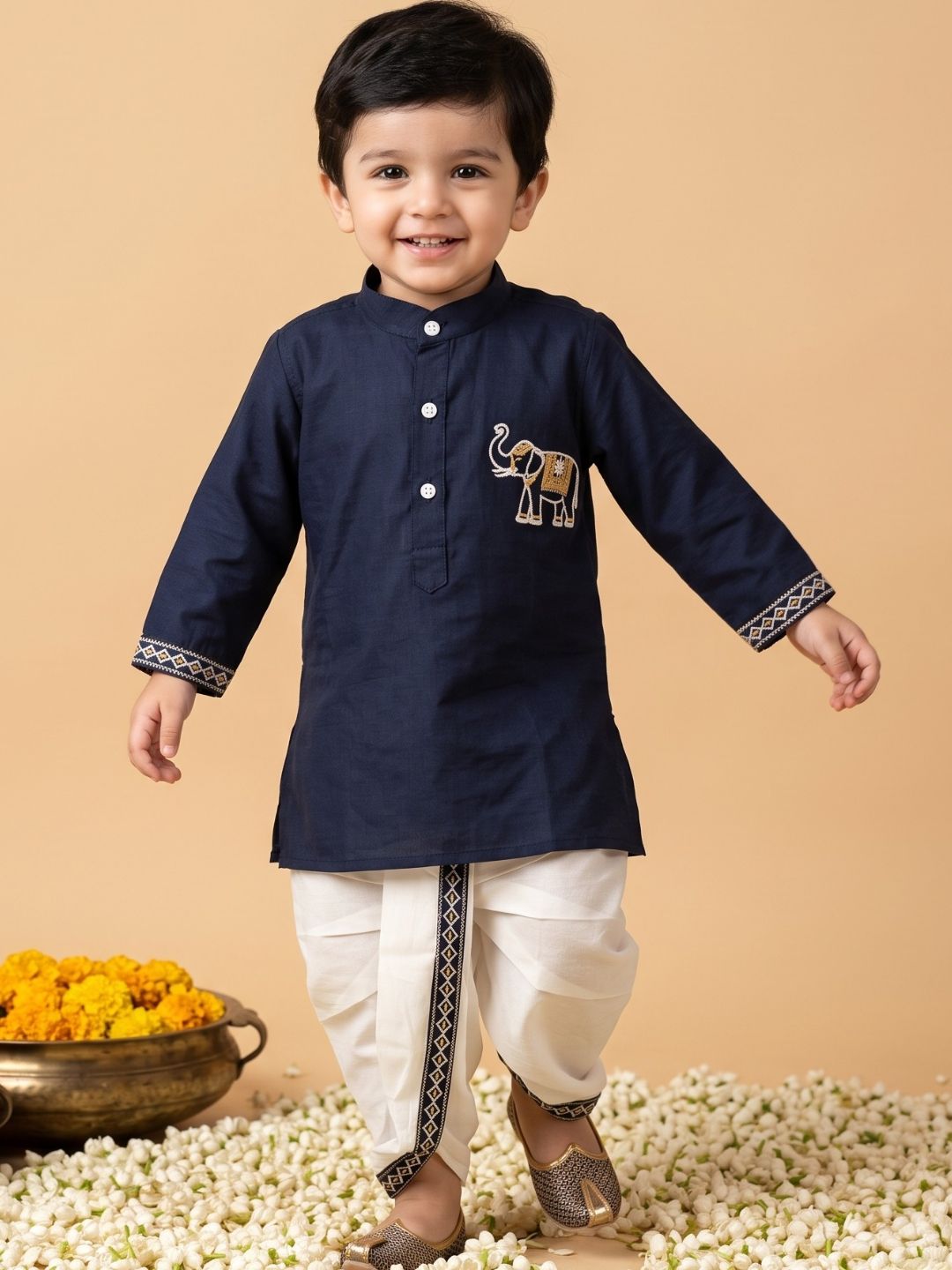 AJ Dezines Blue Solid With Embroidery Motif Pure Cotton Dhoti Set For Boys