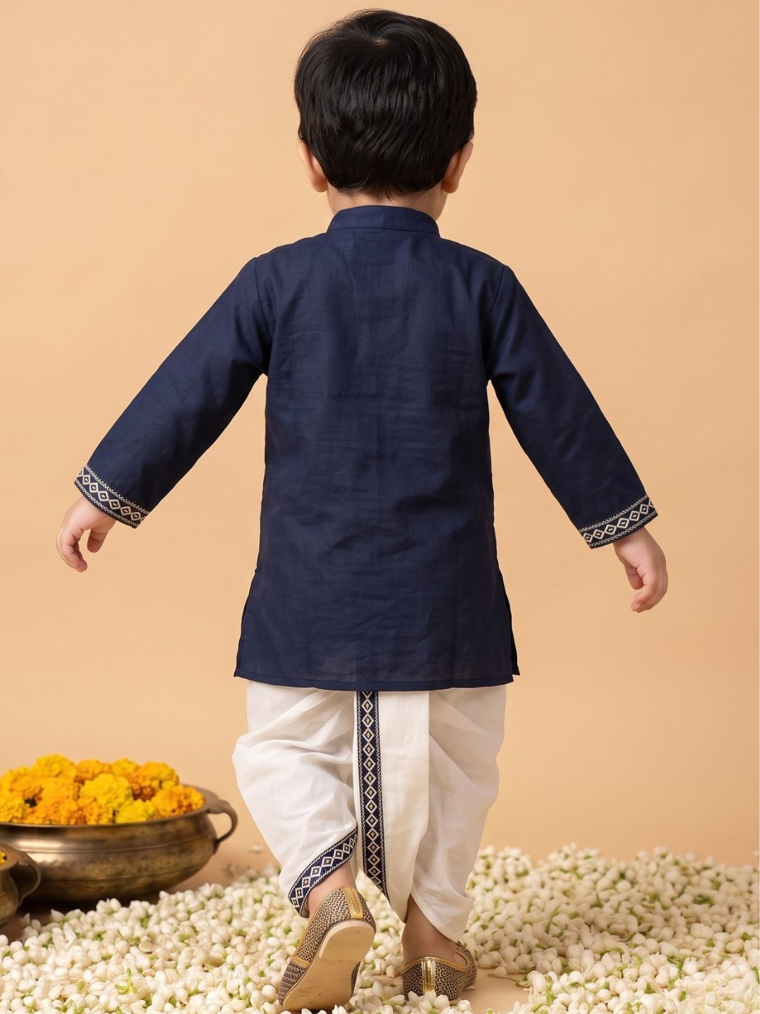 AJ Dezines Blue Solid With Embroidery Motif Pure Cotton Dhoti Set For Boys