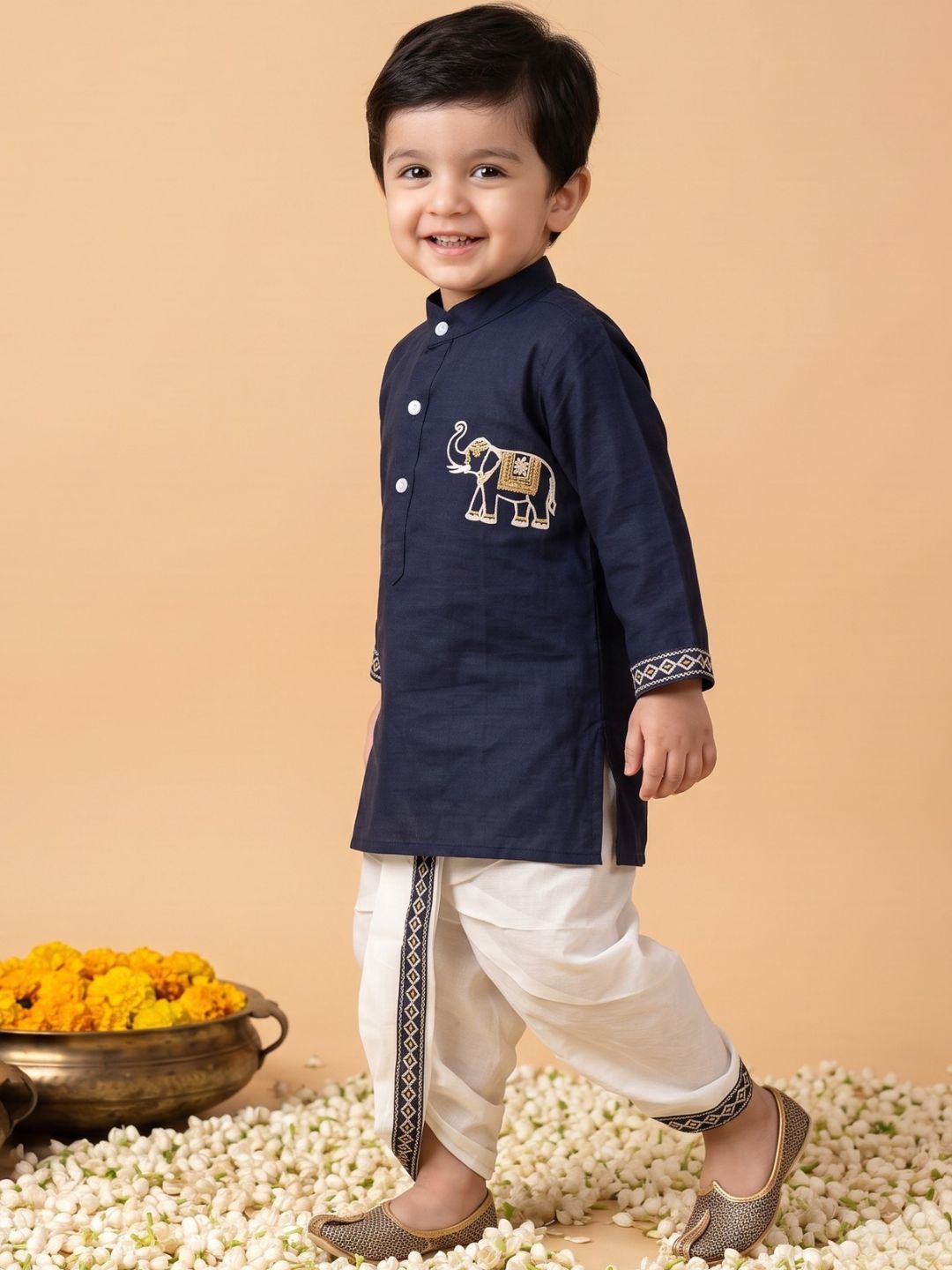 AJ Dezines Blue Solid With Embroidery Motif Pure Cotton Dhoti Set For Boys